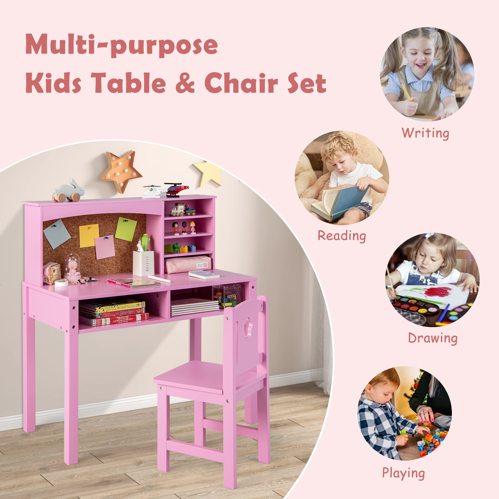 SUGIFT Kids Desk and Chair Set with Hutch and Cork Bulletin Board 44-lb Desk 88-lb Chair Ages 3+ Pink/White