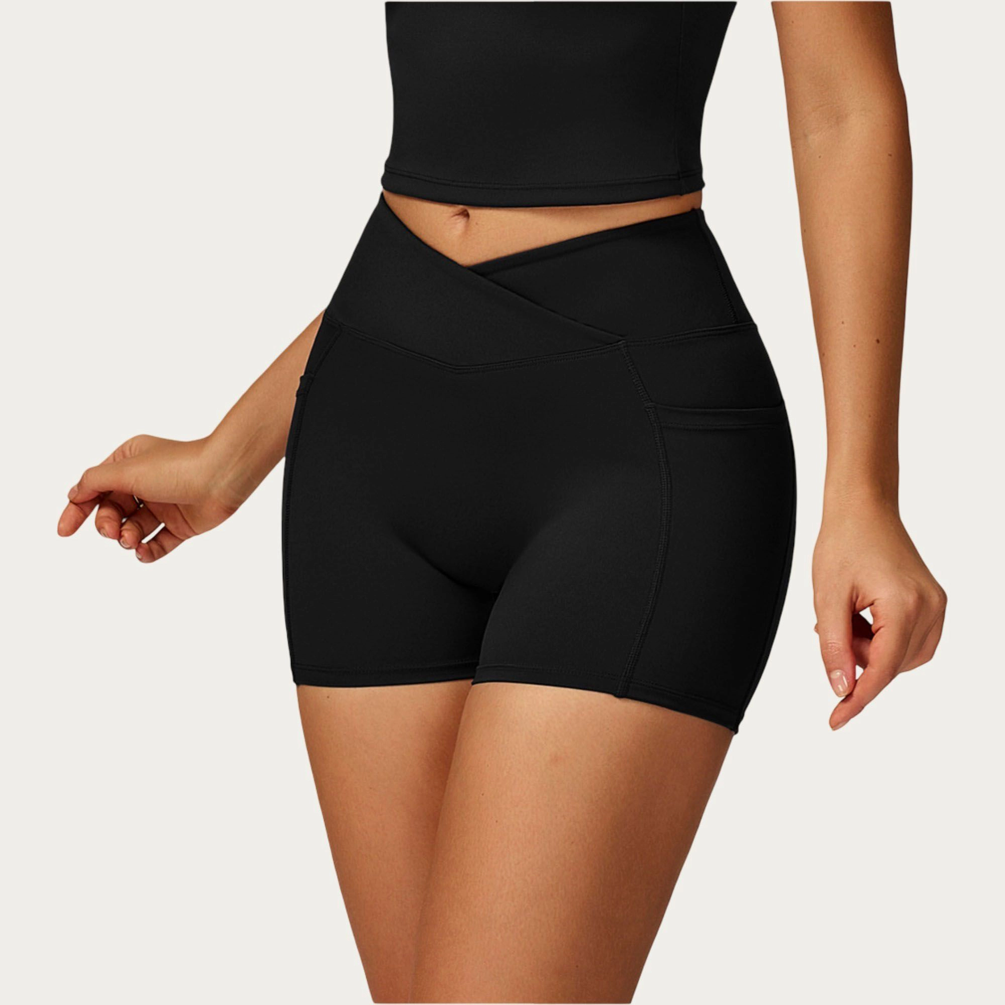 Anna-Kaci Women's High Waist Crossover Athletic Biker Shorts Stretch Workout Yoga with Side Pocket