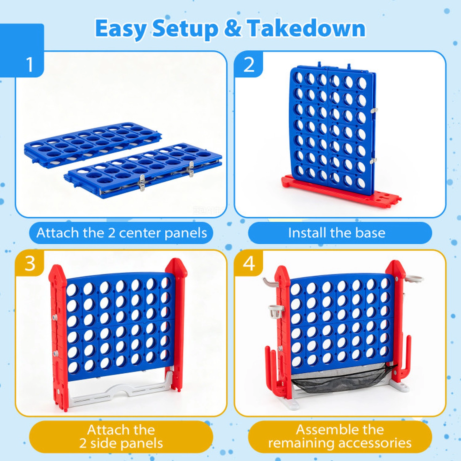 SUGIFT 4-in-1 Height Adjustable 4-in-a-Row Game with Mesh Storage Net Cup Holders and Carrying Bag
