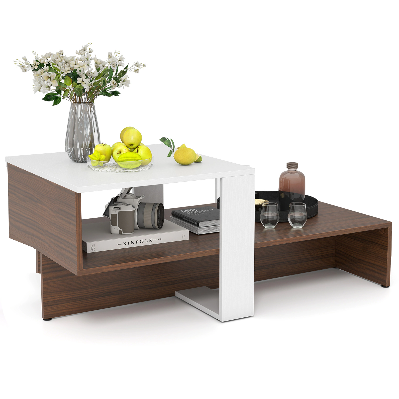 Glintex 2-Tier 31-Inch Geometric Coffee Table with Irregular Storage Shelf, White+Brown