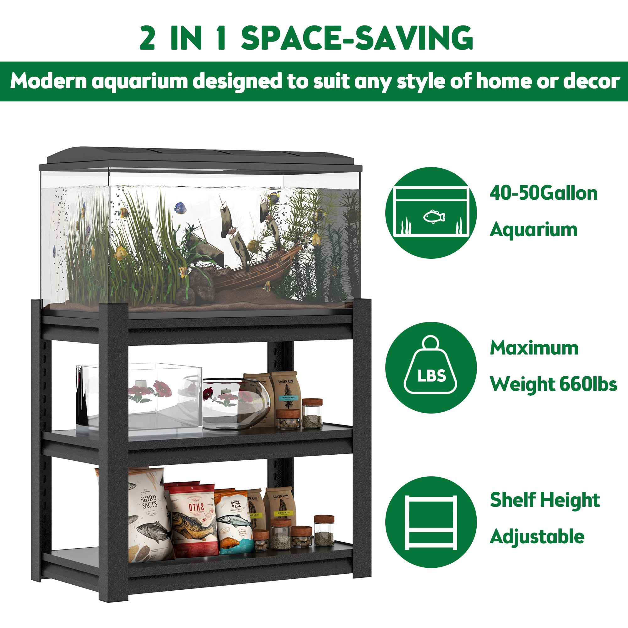 Flynama 3 Tier Fish Tank Stand 40-50 Gallon 34H x 18W in Adjustable Heavy Duty Aquarium Rack for Home and Office