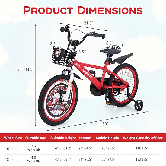 LJG Kids Bike Adjustable with Storage Basket and Double Brake
