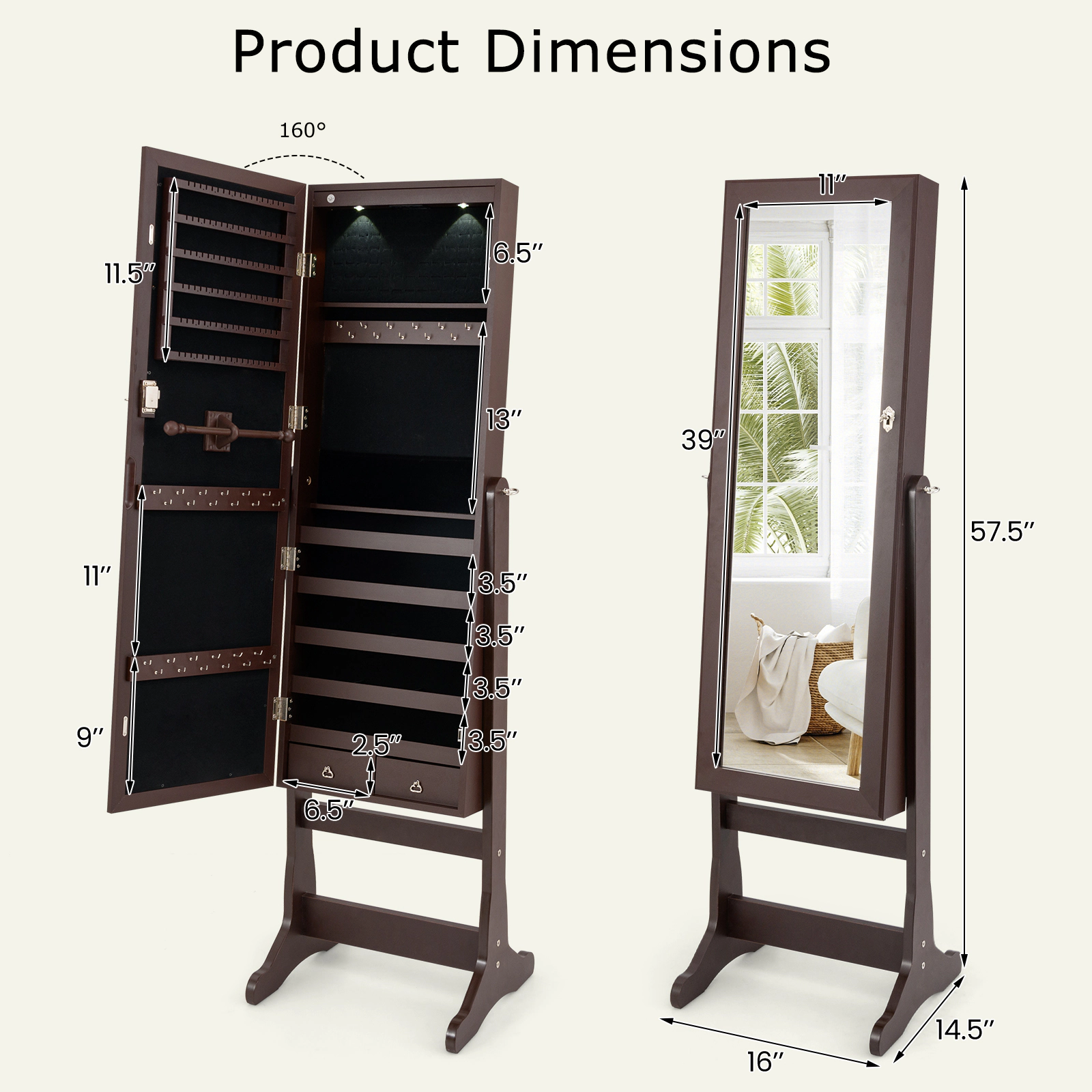 Slickblue Floor Standing Jewelry Cabinet with Mirror, LED Lights and Multi Compartment Storage