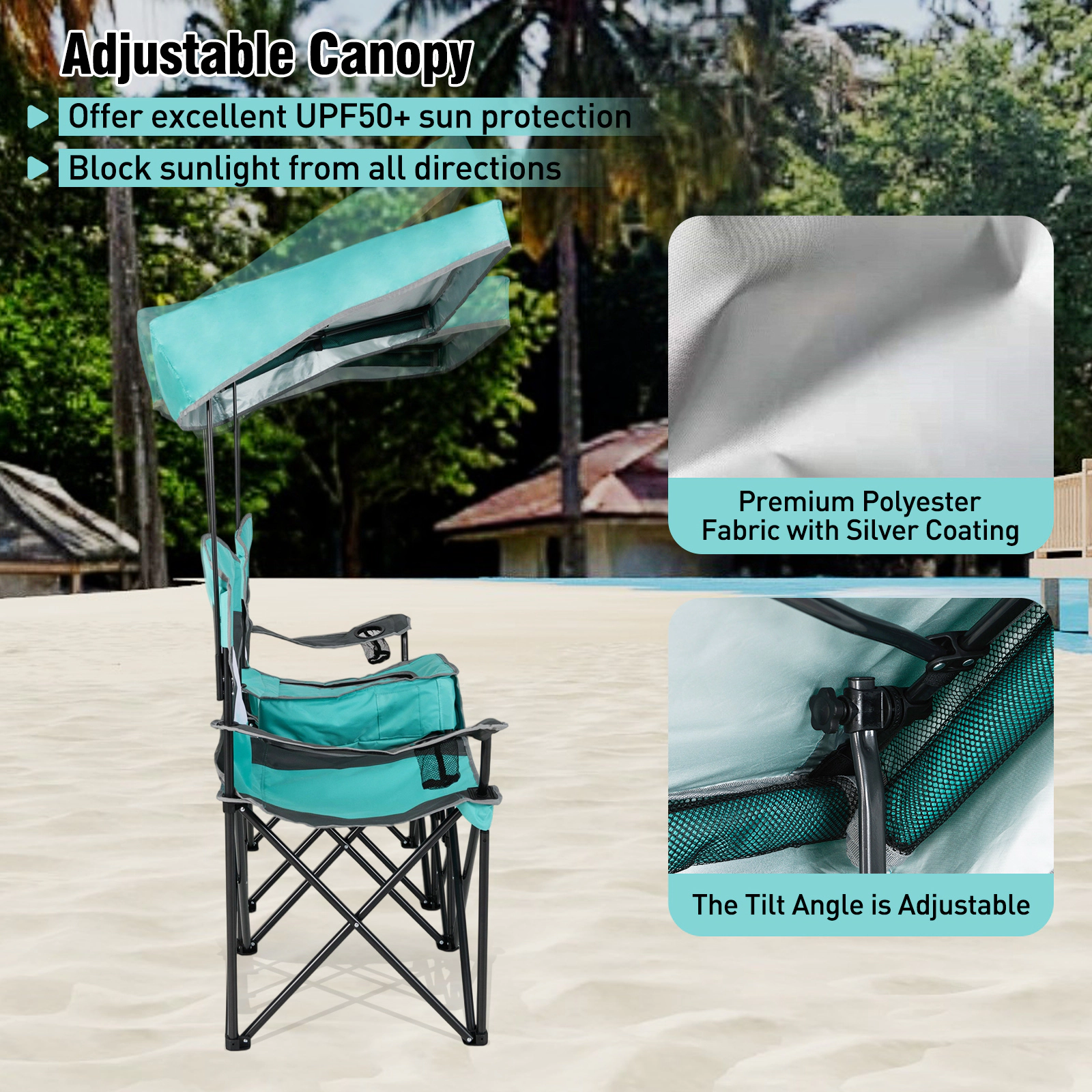 SUGIFT Double Beach Chair Turquoise with Adjustable Canopy and 3 Side Shading Curtains