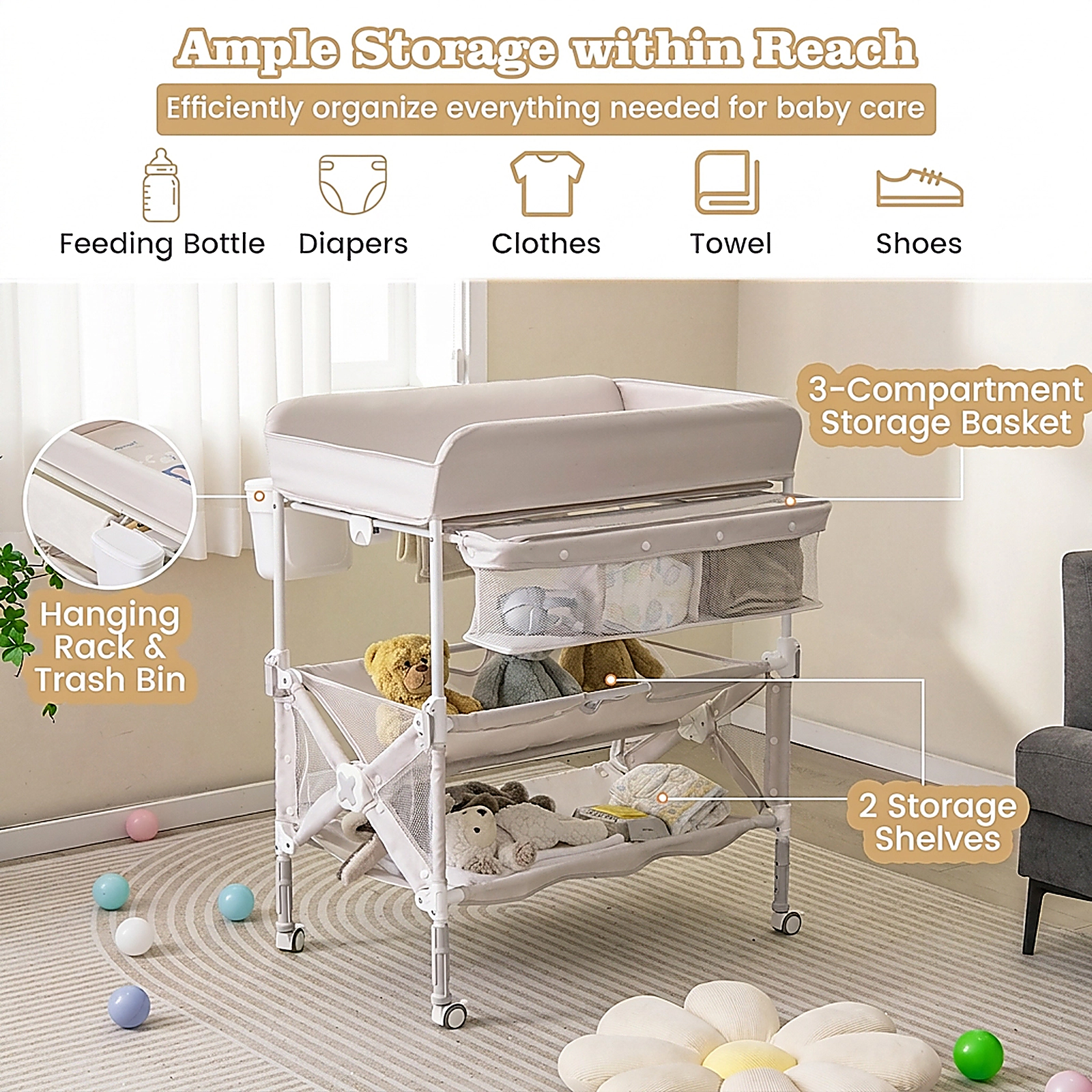 SUGIFT Portable Baby Changing Table with Wheels & Large Storage Rack 24-lb Capacity Ages 0-1 Adjustable Height Gray/Pink
