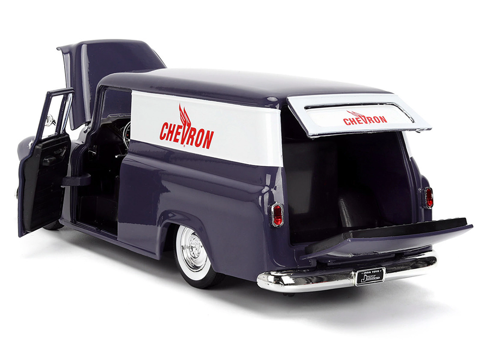 Jada Collectible 1957 Chevrolet Suburban "Chevron" Dark Blue With White Stripes And Gas Pump "Just Trucks" Series