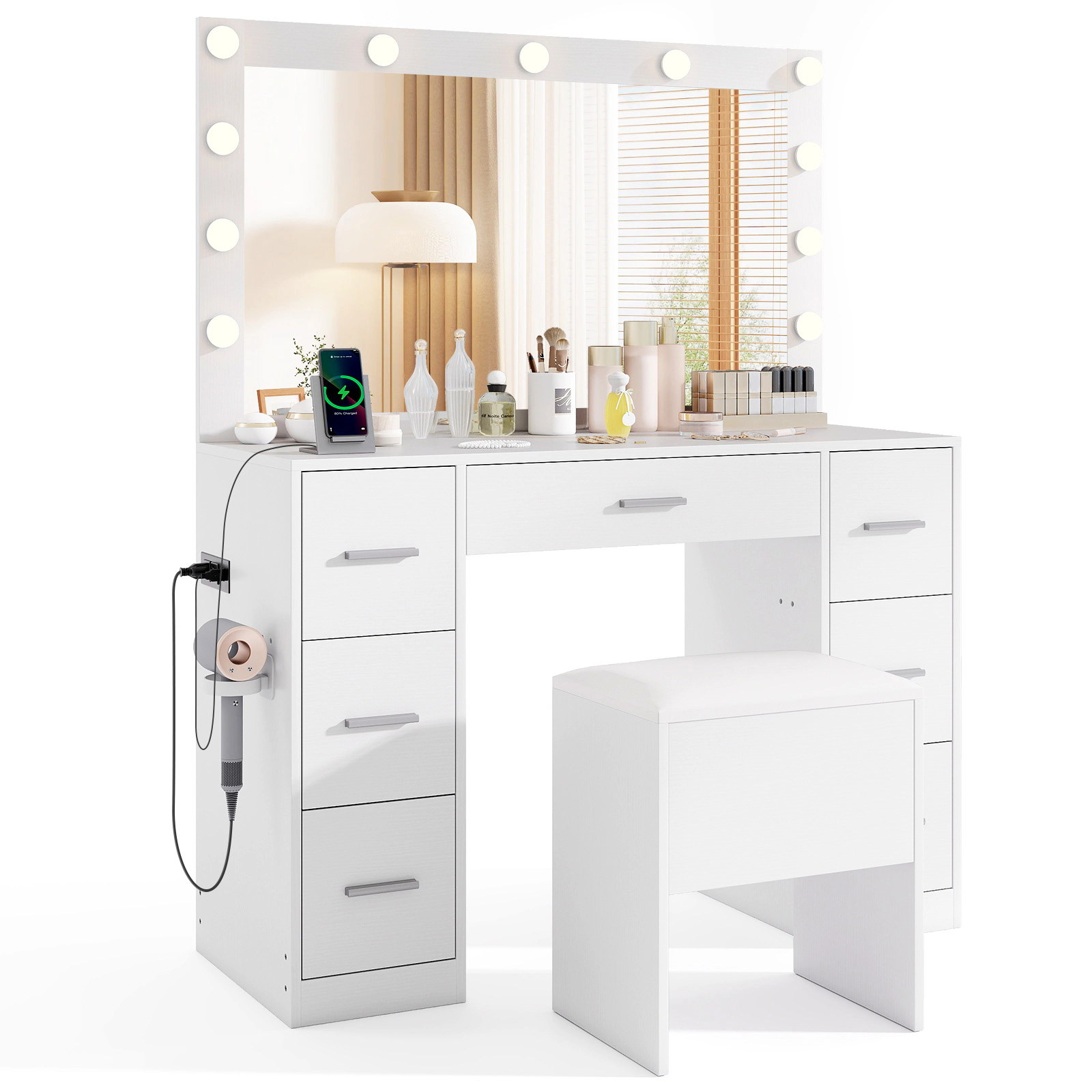 SUGIFT White Makeup Vanity Desk Set with Lighted Mirror, 7 Drawers and Storage Stool