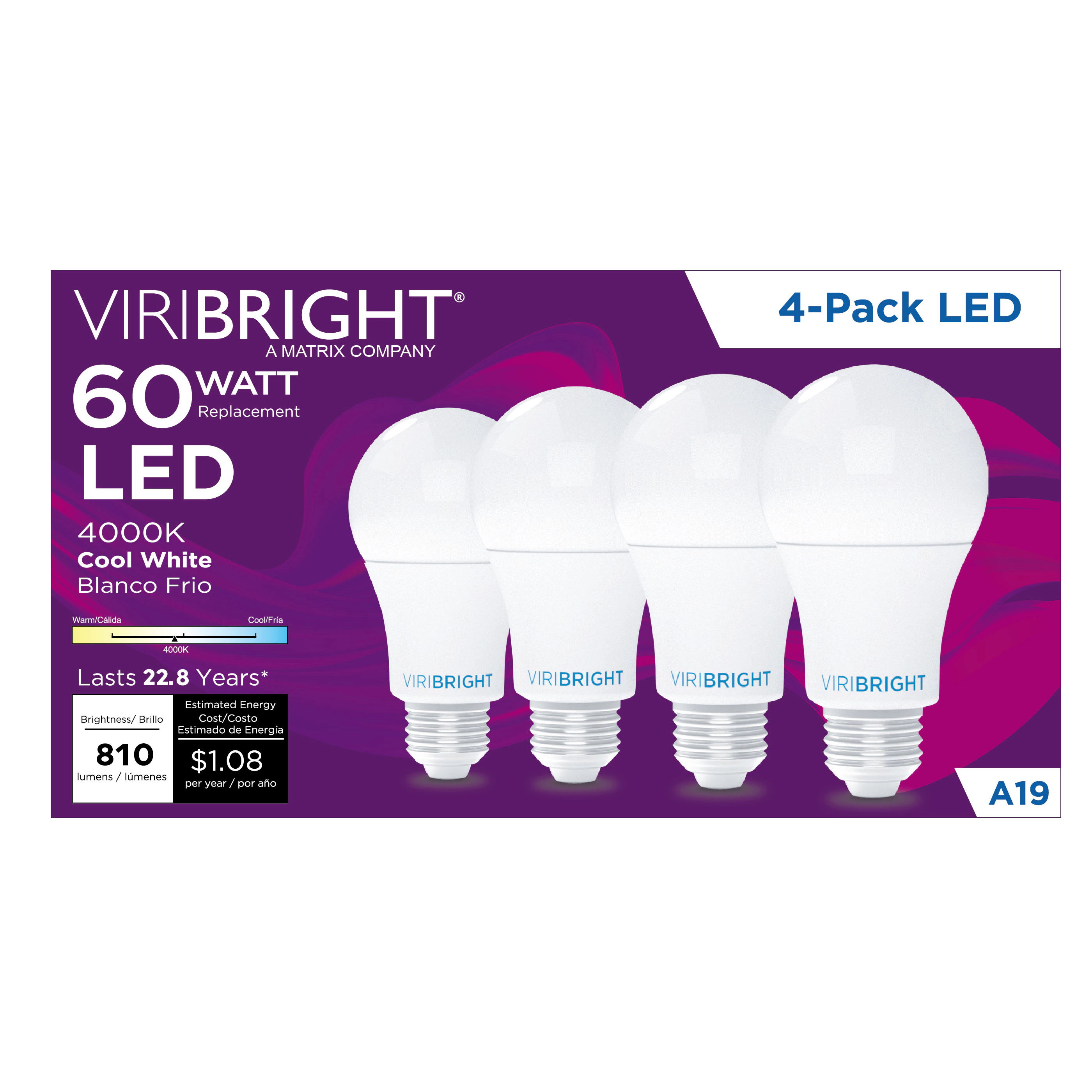 Viribright® A19 LED Bulb, E26, Screw Base, 60W, Dimmable, 810 Lumens, CEC, 90+ CRI, Cool White 4000K (4 Pack)