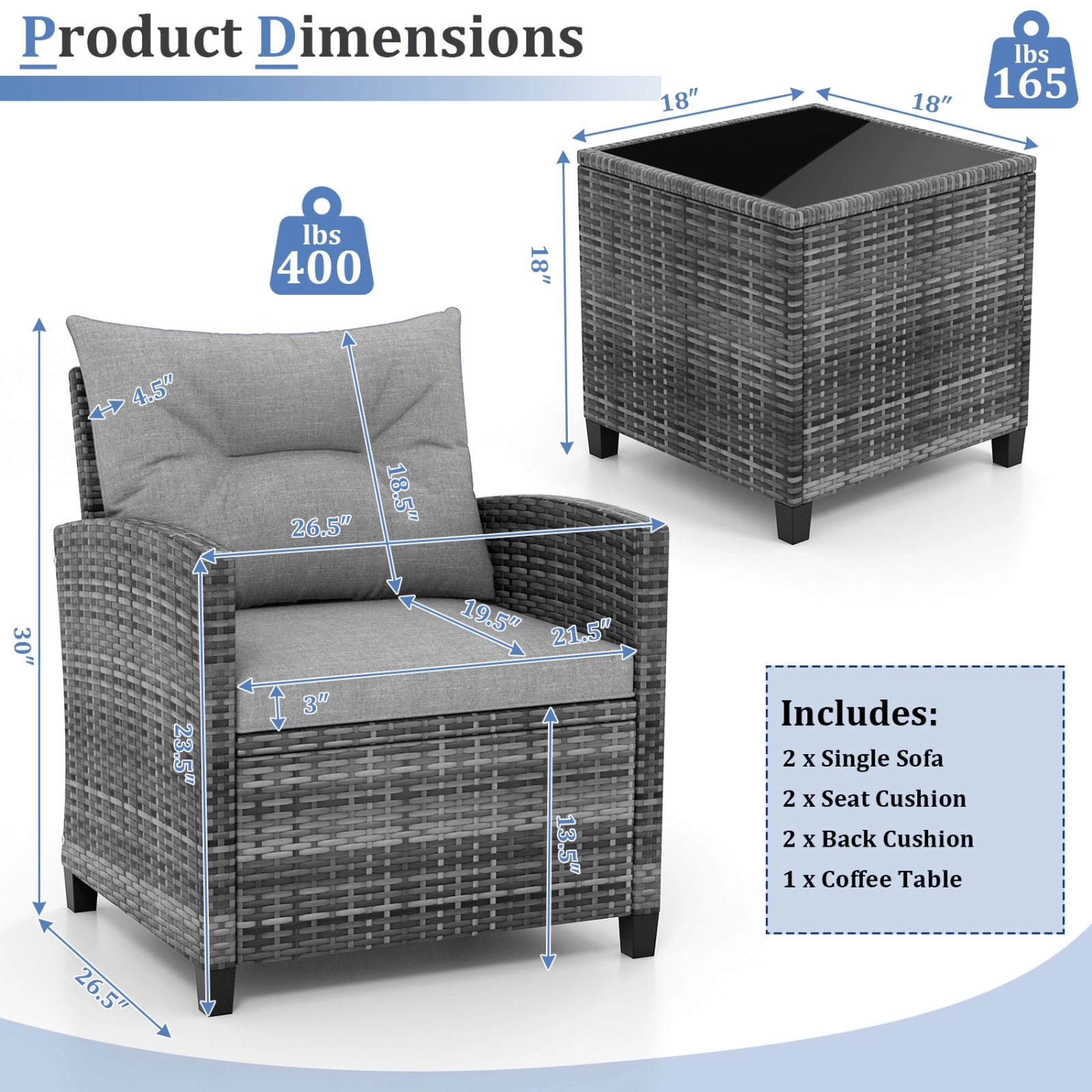 SUGIFT 3-Piece Gray Outdoor Wicker Bistro Set with Steel Frames and Glass Table