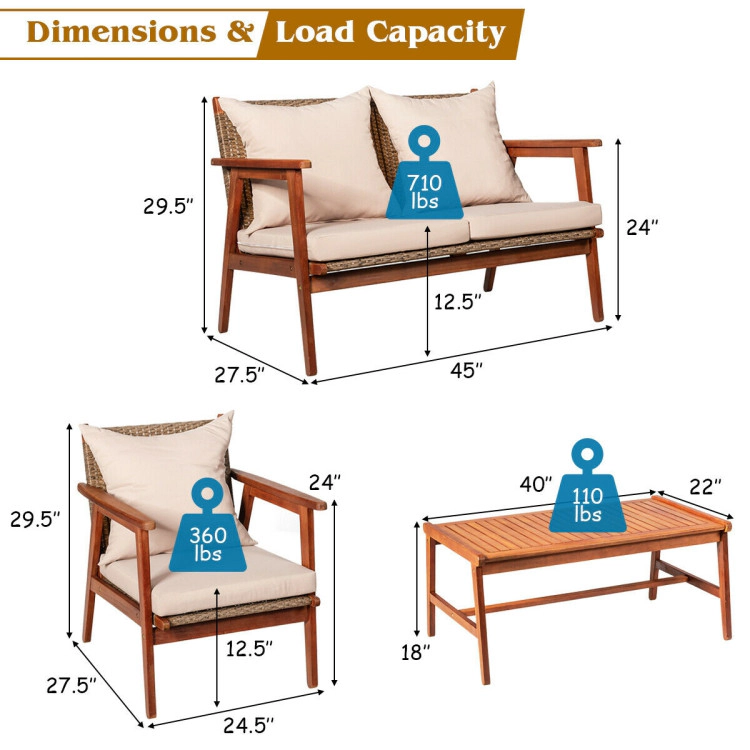 Hivvago 4 Pieces Acacia Wood Patio Rattan Furniture Set With Cushions
