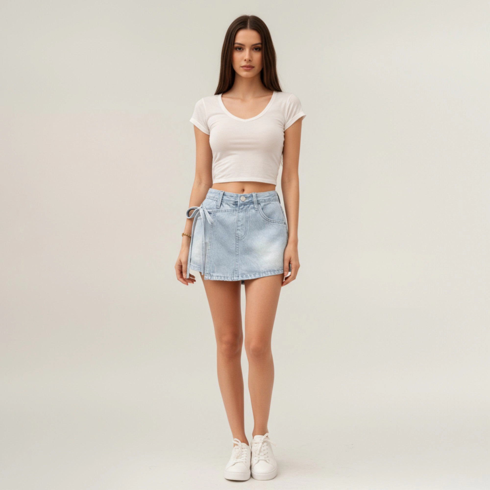 Anna-Kaci Women's Structured Denim Mini Skirt with Adjustable Side Tie