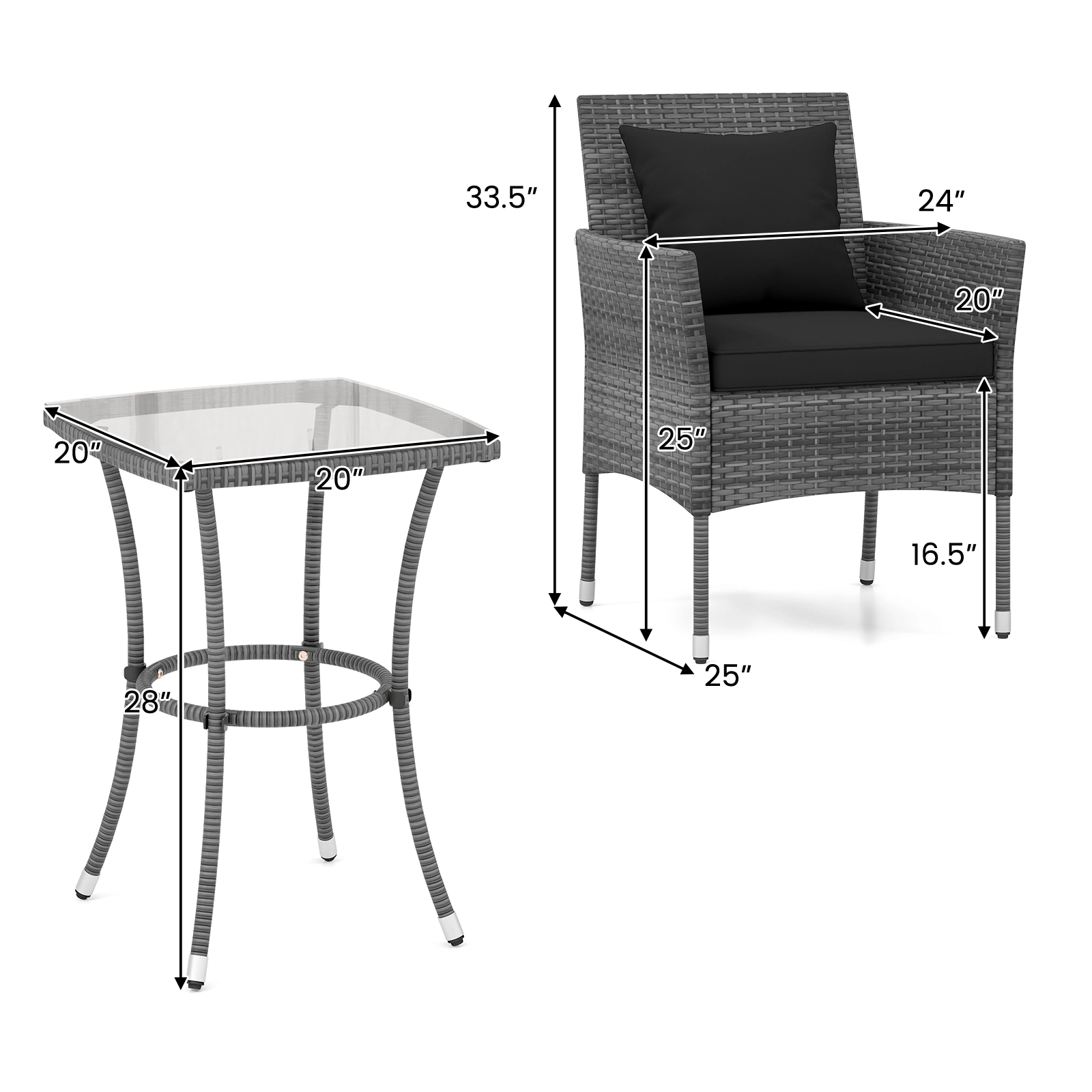 SUGIFT 3-Piece Gray Wicker Patio Set with Cushioned Chairs and 28-Inch Glass Table