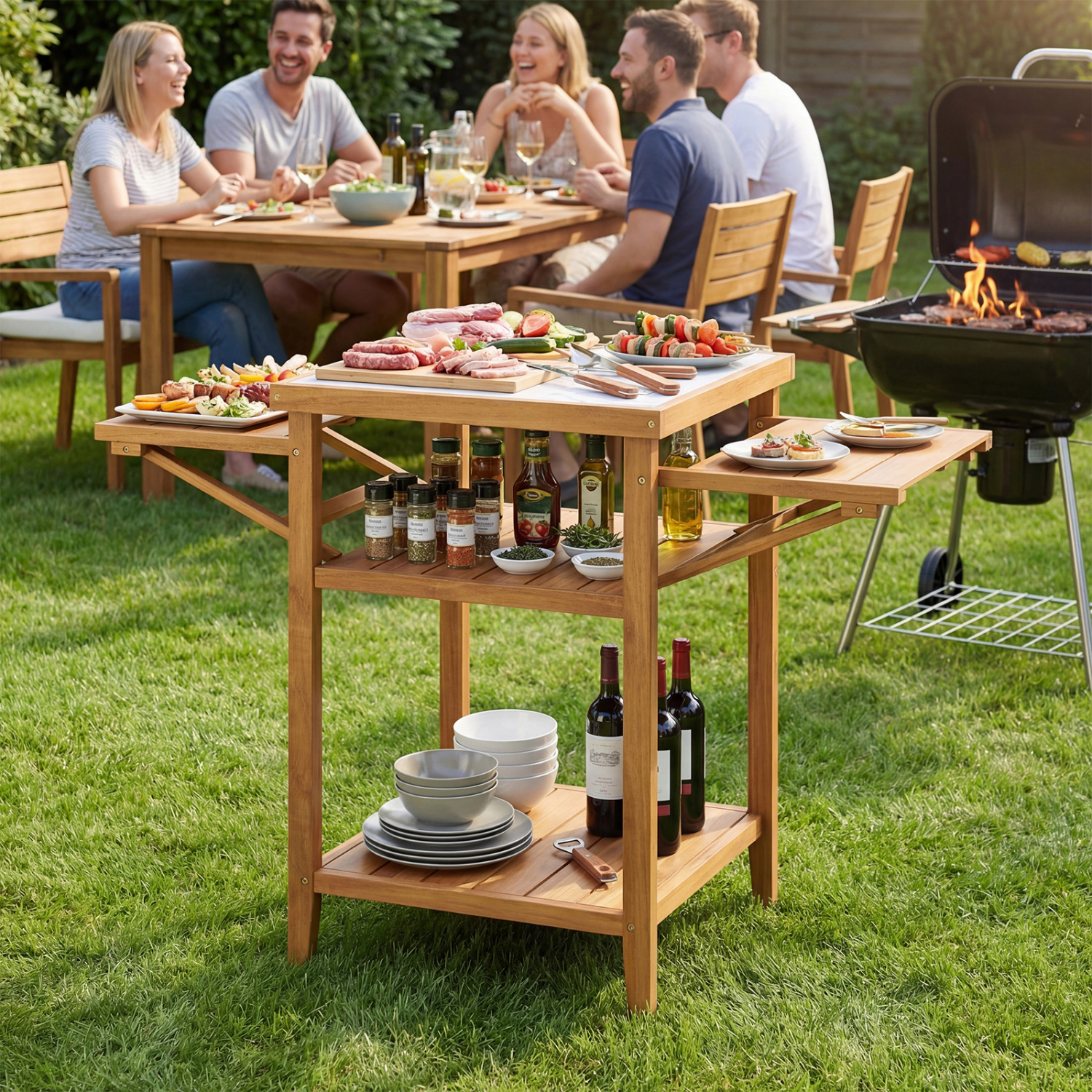 LJG Acacia Wood Outdoor Grill Table with Faux Marble Top and Drop-Leaf Side Panels