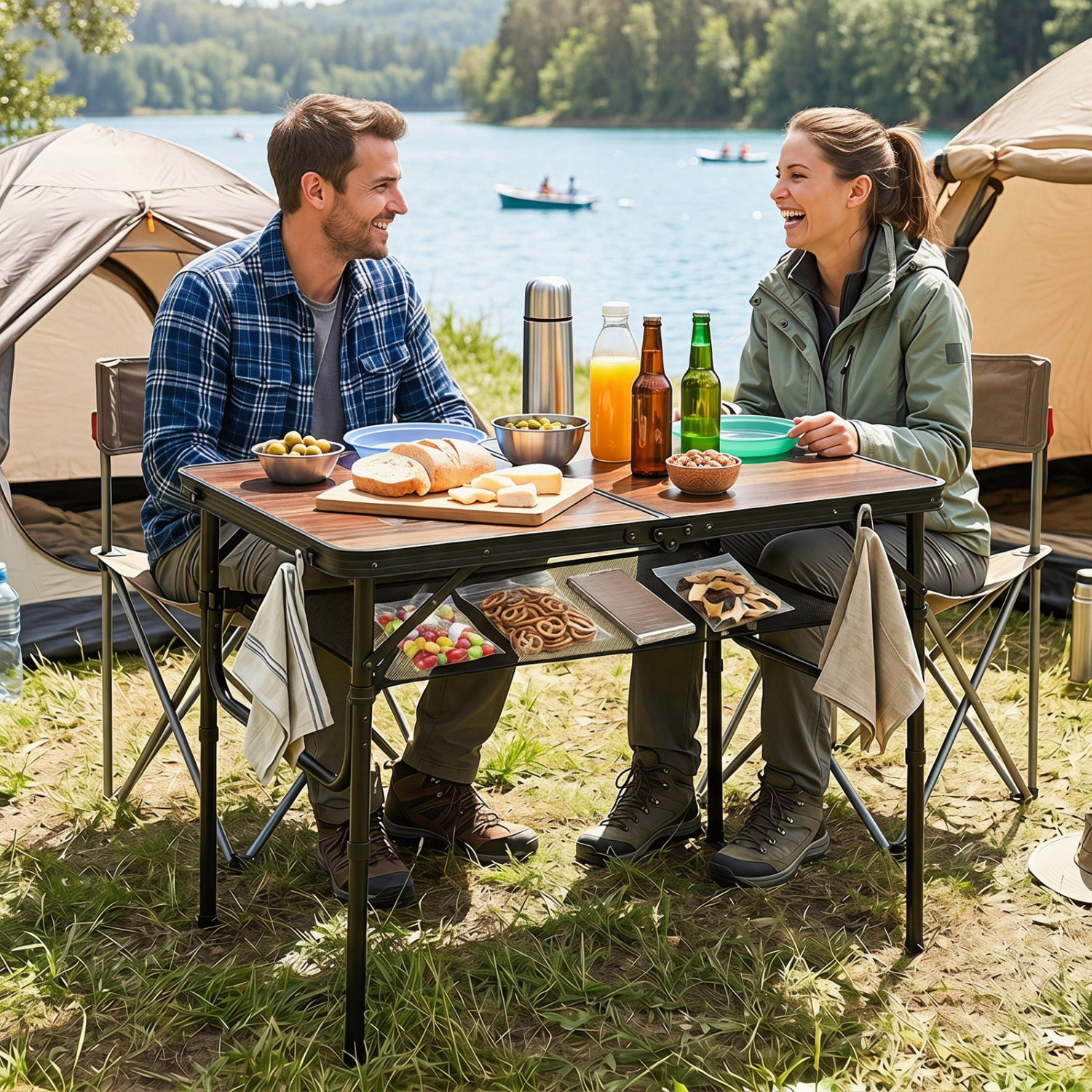 LJG Folding Camping Table with Adjustable Heights Storage Net & Handle