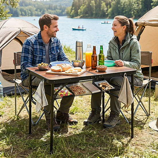 LJG Folding Camping Table with Adjustable Heights Storage Net & Handle