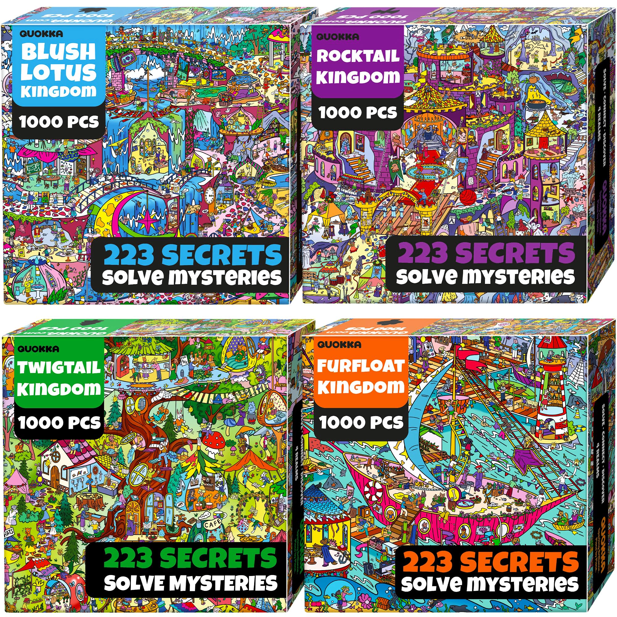 QUOKKA 1000-Piece Jigsaw Puzzle Set for Adults, 4-Pack, Hidden Challenges & Audio Stories
