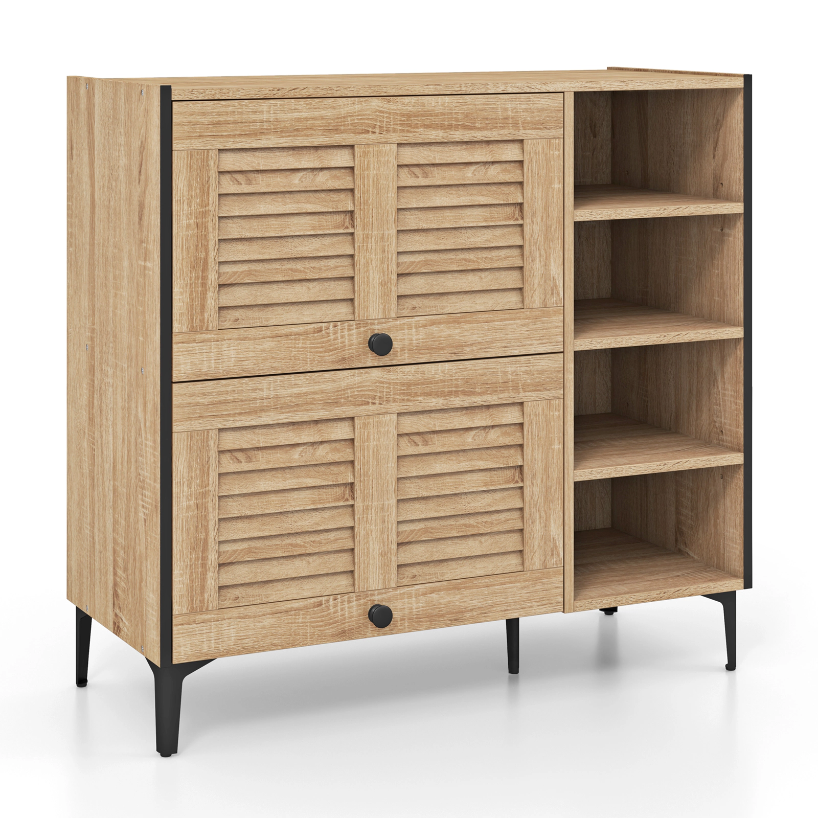 SUGIFT Oak 35.5-in Entryway Shoe Cabinet with 2 Flip-Up See-Through Doors and 4 Open Storage Shelves