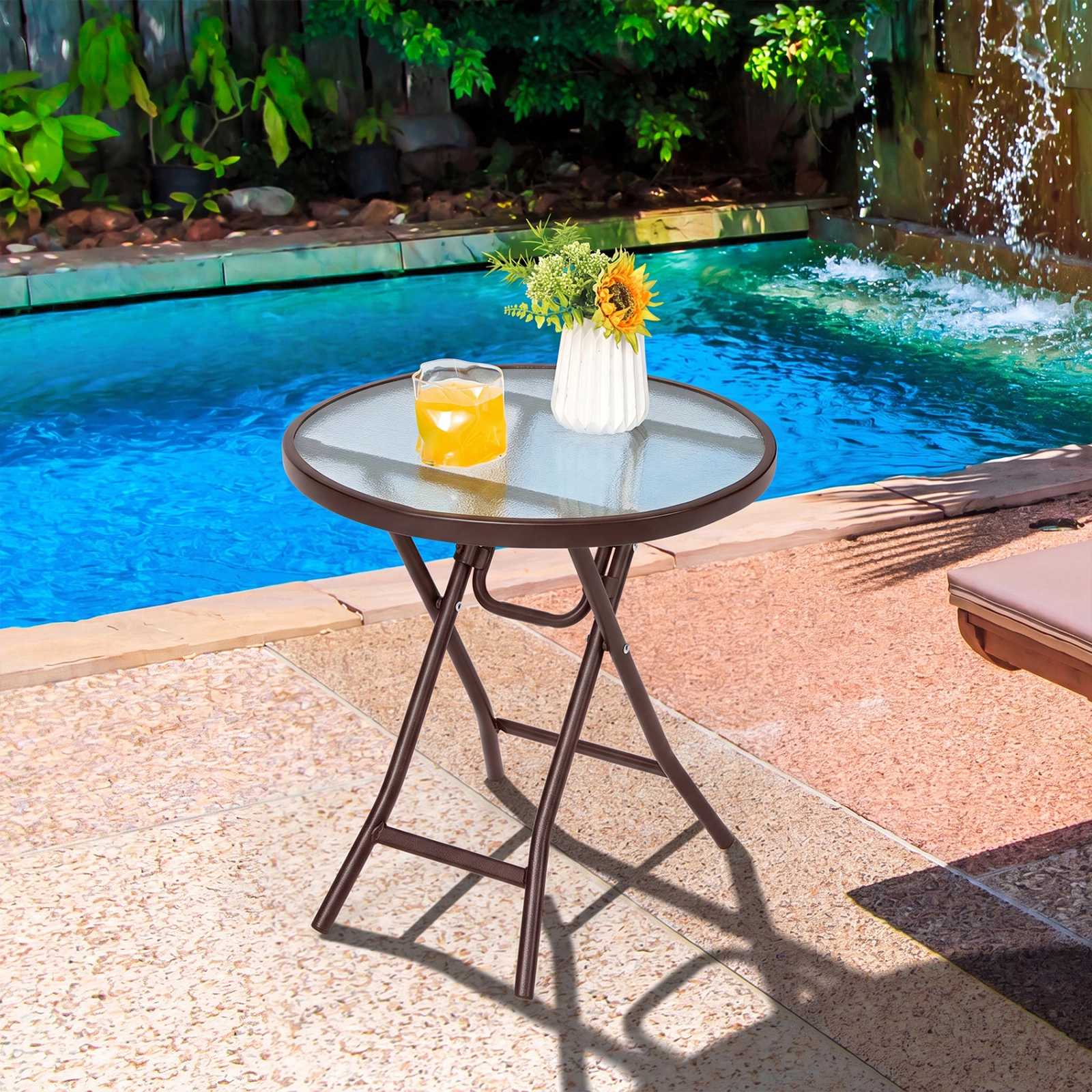 SUGIFT Brown 18-in Round Folding Tempered Glass Outdoor Side Table, 110-lb Capacity