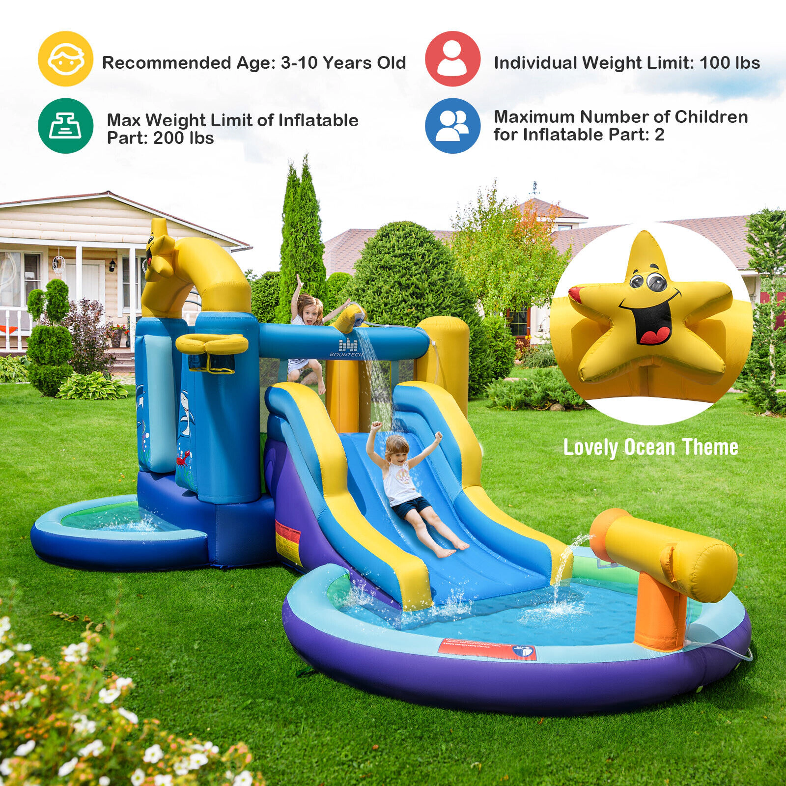 SUGIFT Blue Ocean Themed 2 Pools and 680W Blower Kids Inflatable Bounce House
