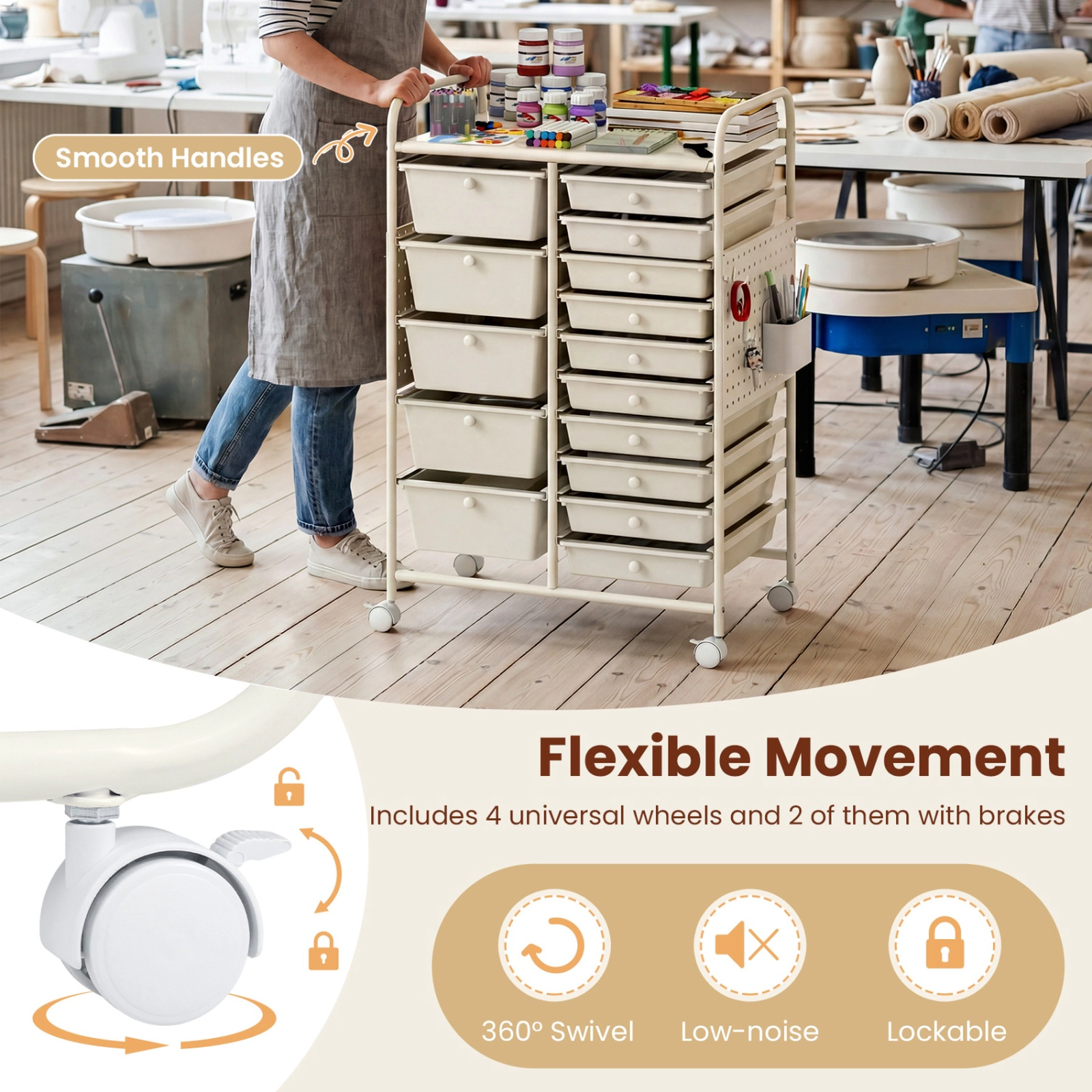 SUGIFT White 34-in 15-Drawer Rolling Cart Craft Organizer with Pegboard Metal Tabletop and Locking Wheels