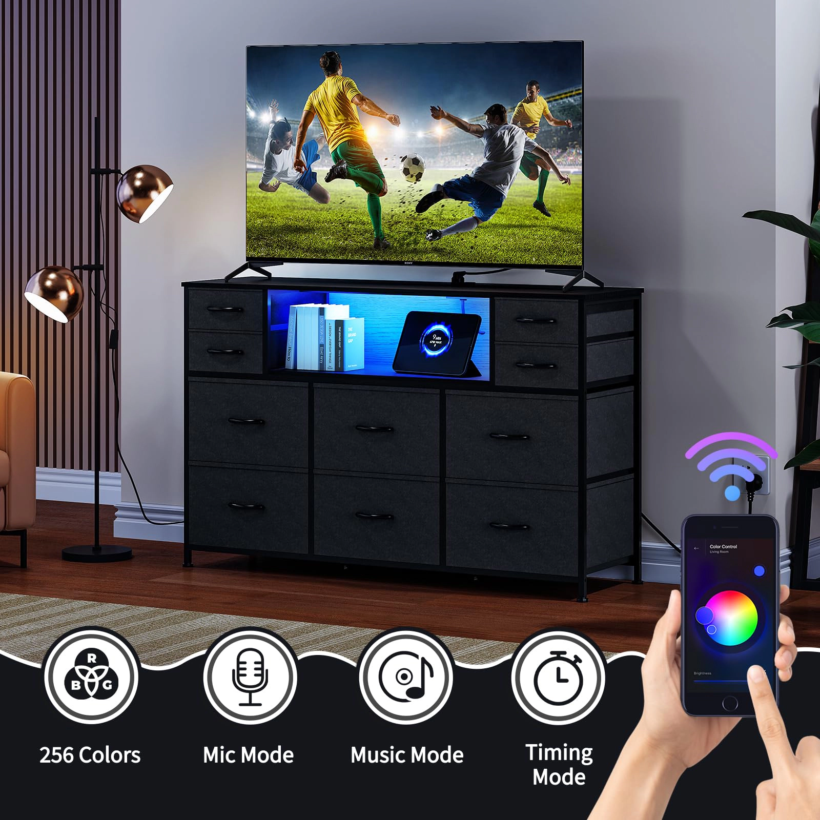 10 Drawer Fabric Dresser, TV Stand with RGB LED Lights & Power Outlet for 45"-55"