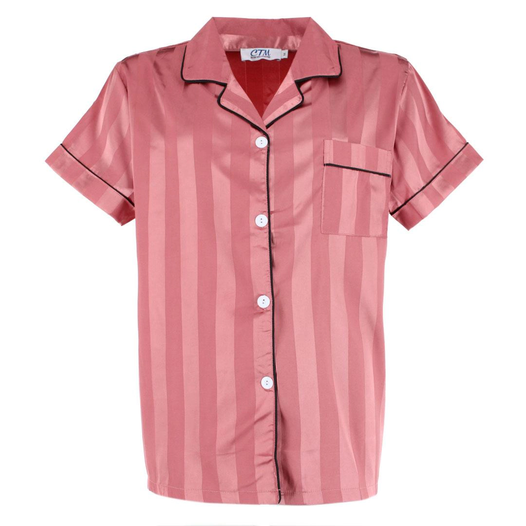 CTM Women's Short Sleeve Thick Striped Satin Pajama Set
