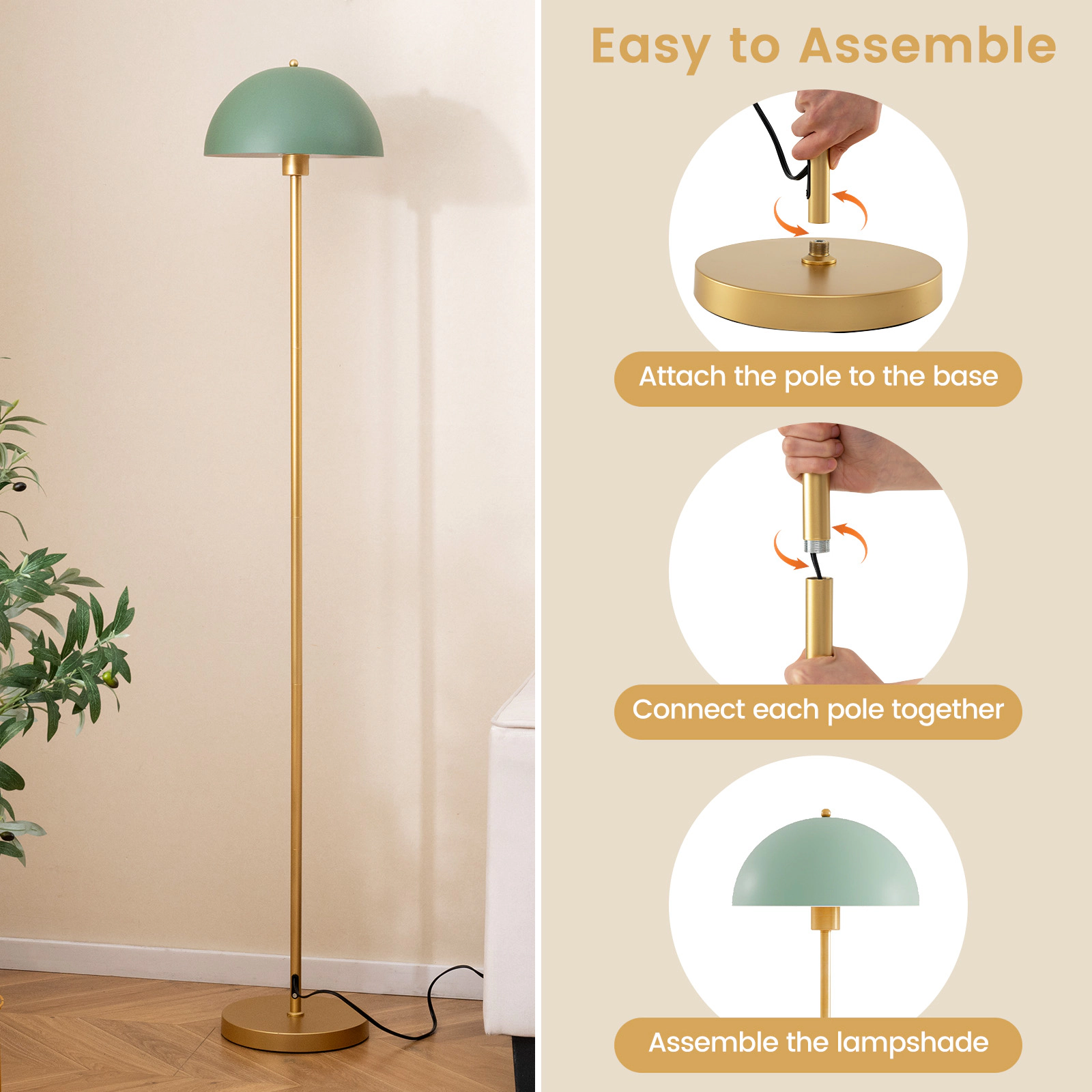 Slickblue Modern Floor Lamp 64in Gold Green E26 Socket Shatterproof Shade Living Room Lamp
