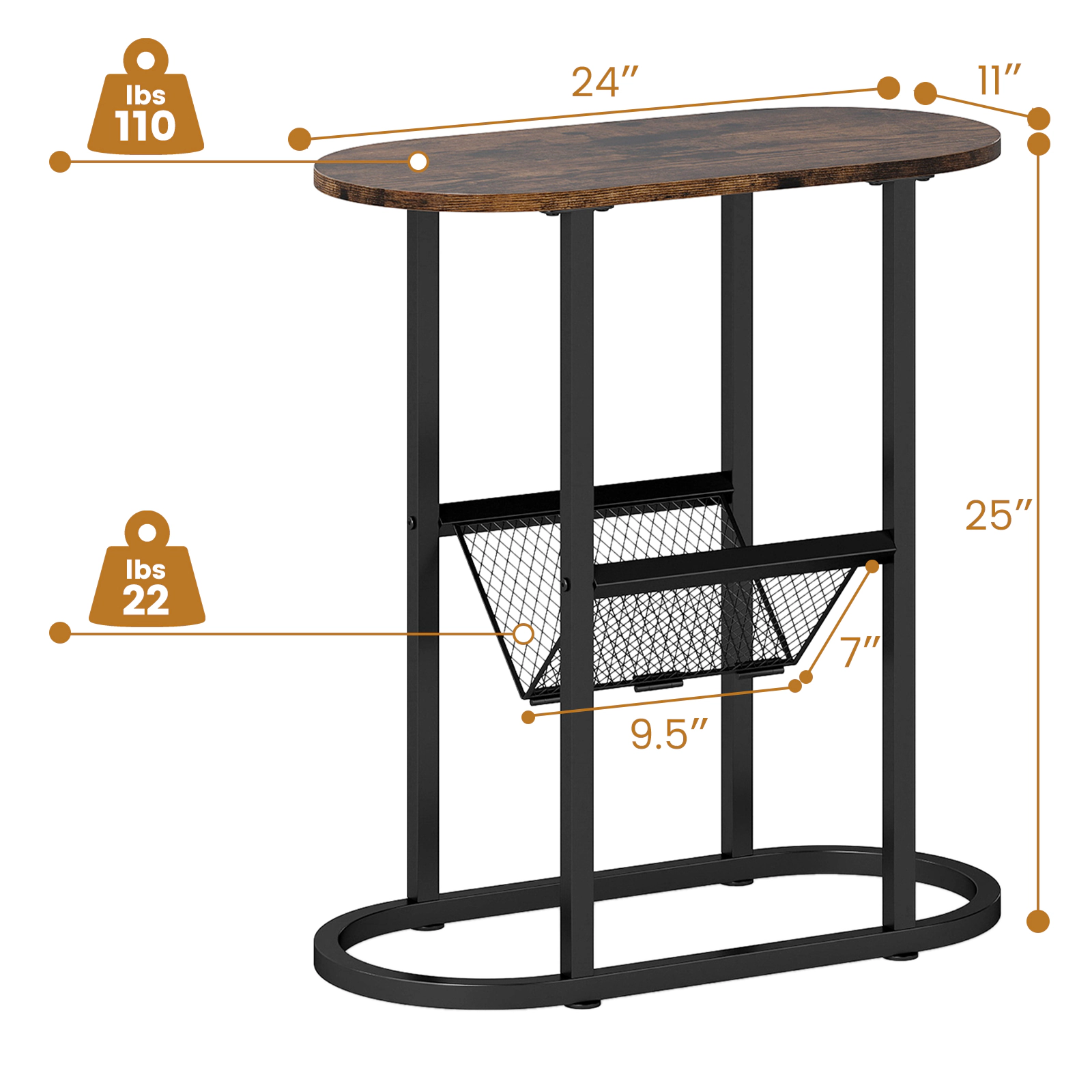 Glintex Narrow Oval End Table with Mesh Lower Shelf and Steel Frame, Rustic Brown