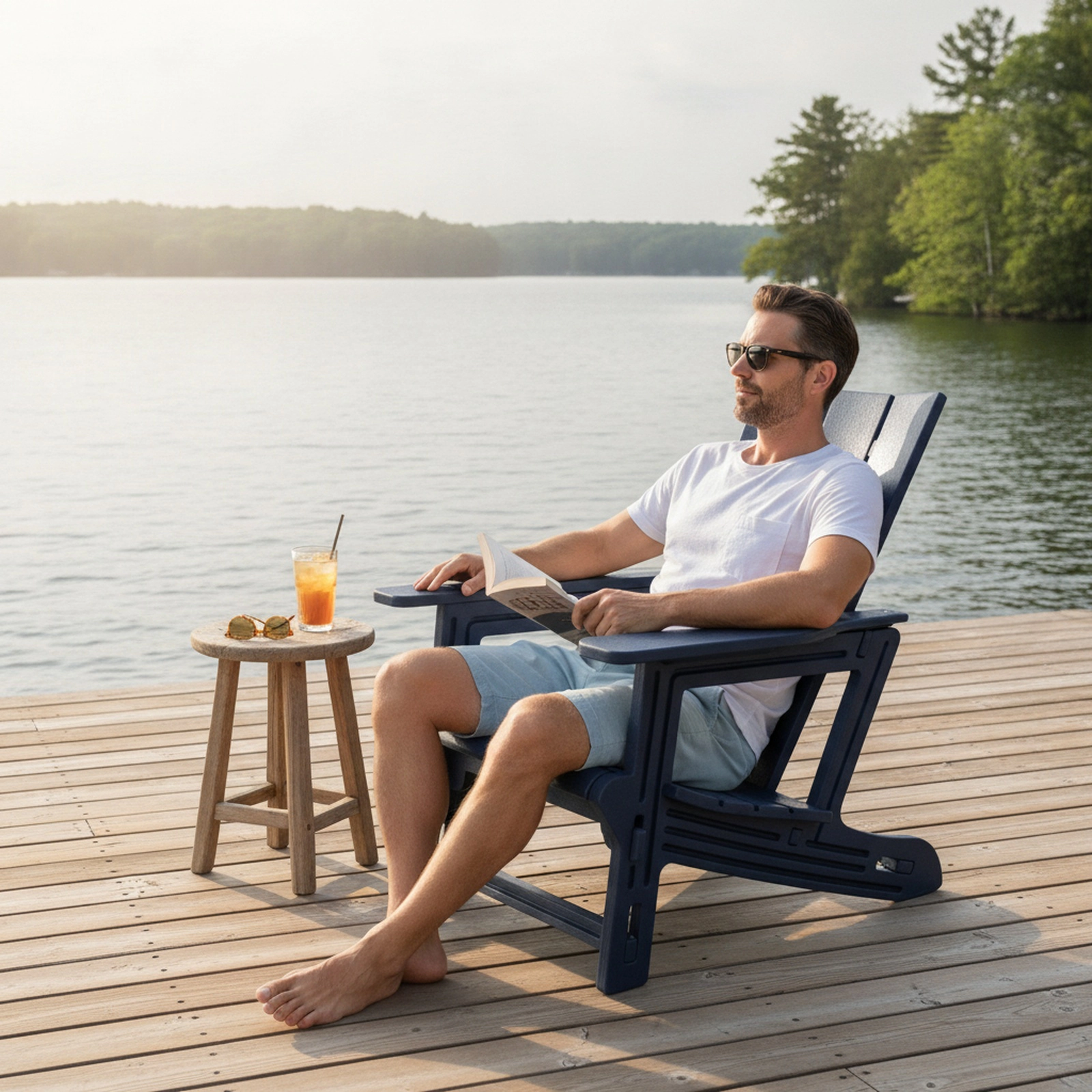 SUGIFT Blue HDPE Adirondack Patio Chair with Cup Holder, Quick-Drain Slatted Seat, 330-lb Capacity