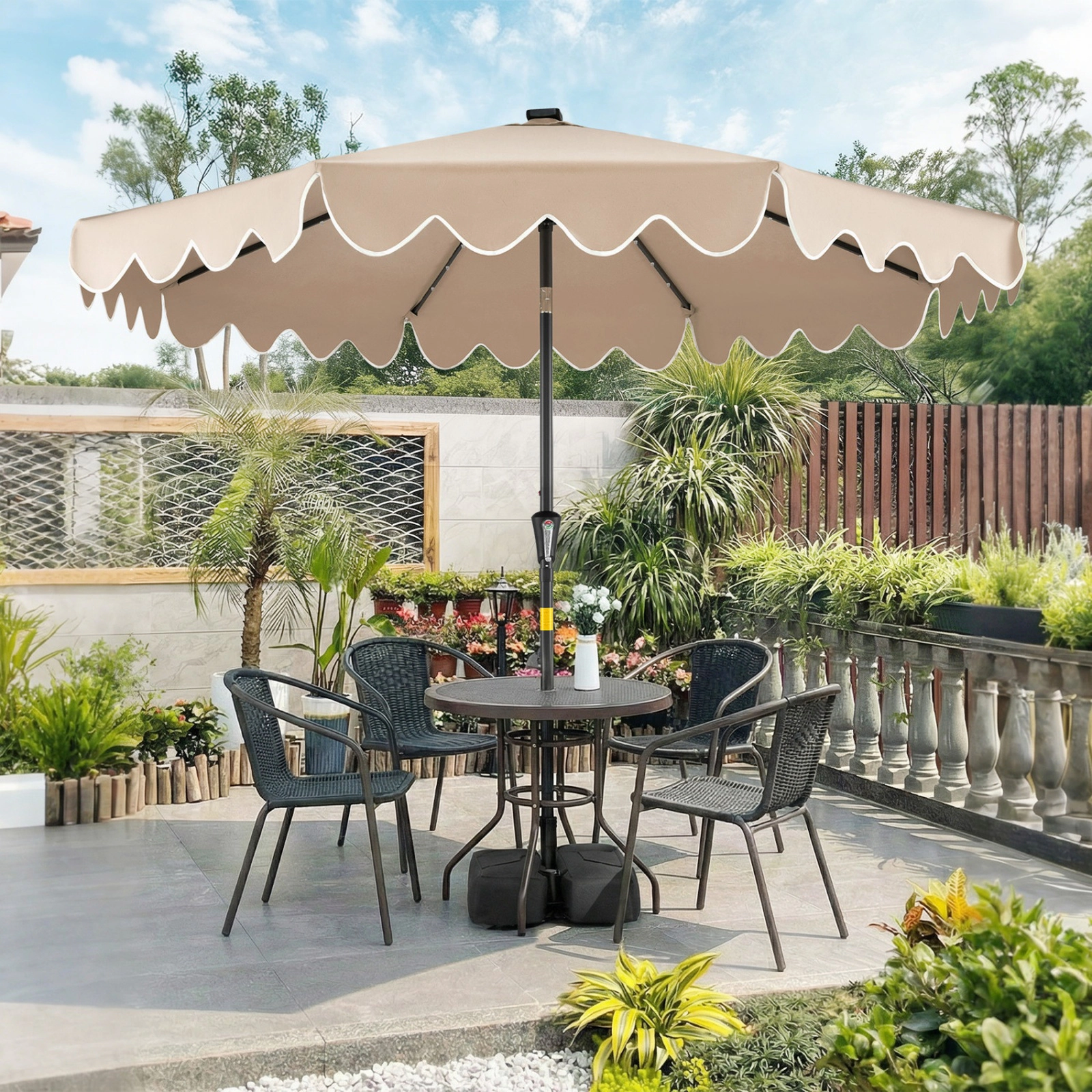 SUGIFT 9-ft Solar LED Lighted Outdoor Patio Umbrella with Crank Tilt, 9 x 8 in Canopy and Weighted Base Brown