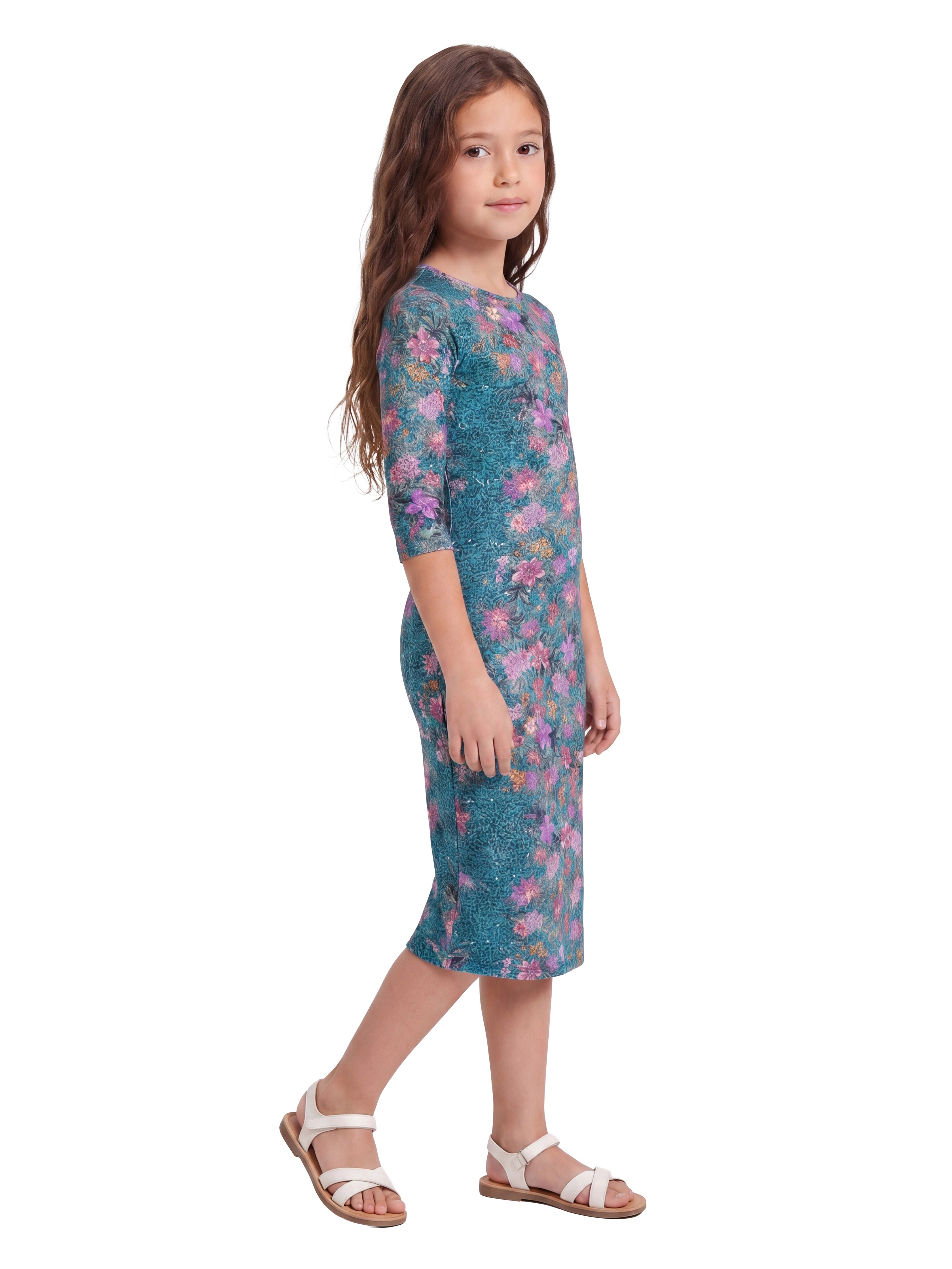 24sevenKid Essential Teal Animal Print Side Slit Girls Maxi Dress