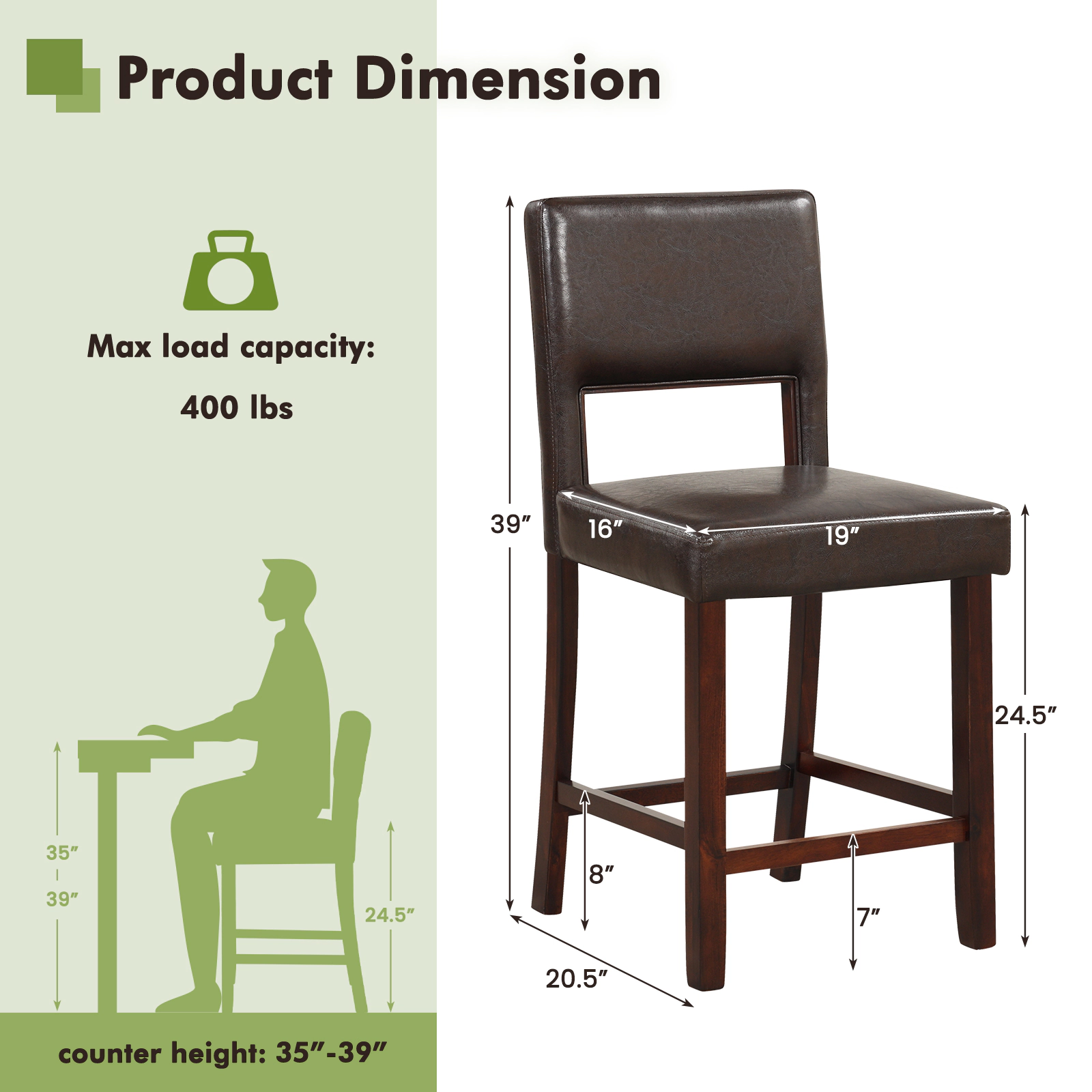SlickBlue Set of 2 Counter Height Bar Stools with Backrest & Footrest