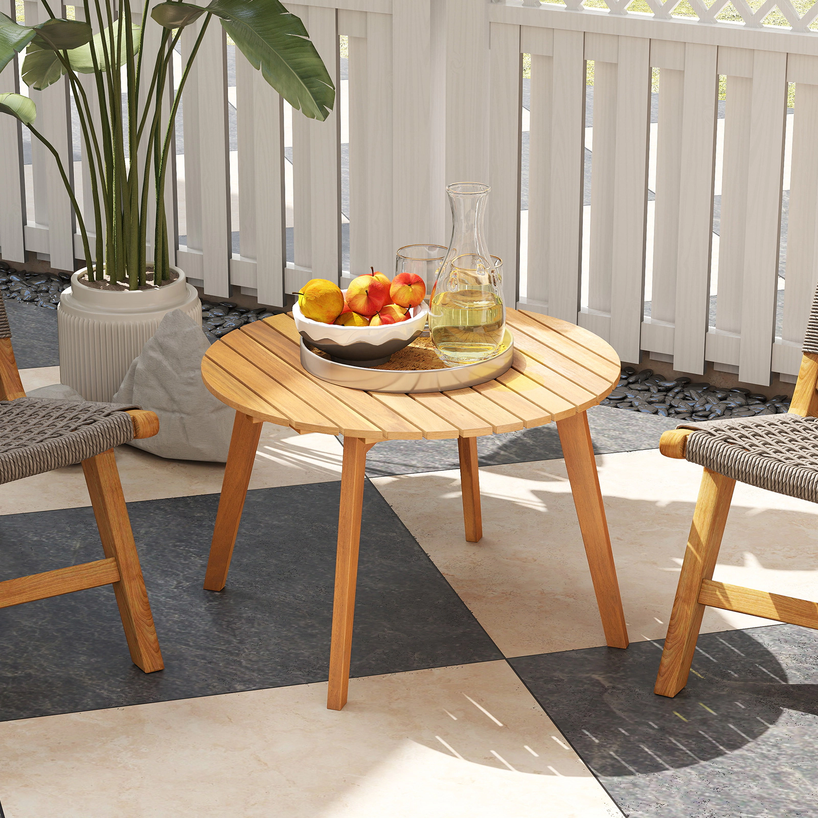 SUGIFT 24.5 in Slatted Tabletop Natural Round Outdoor Acacia Wood Side Table