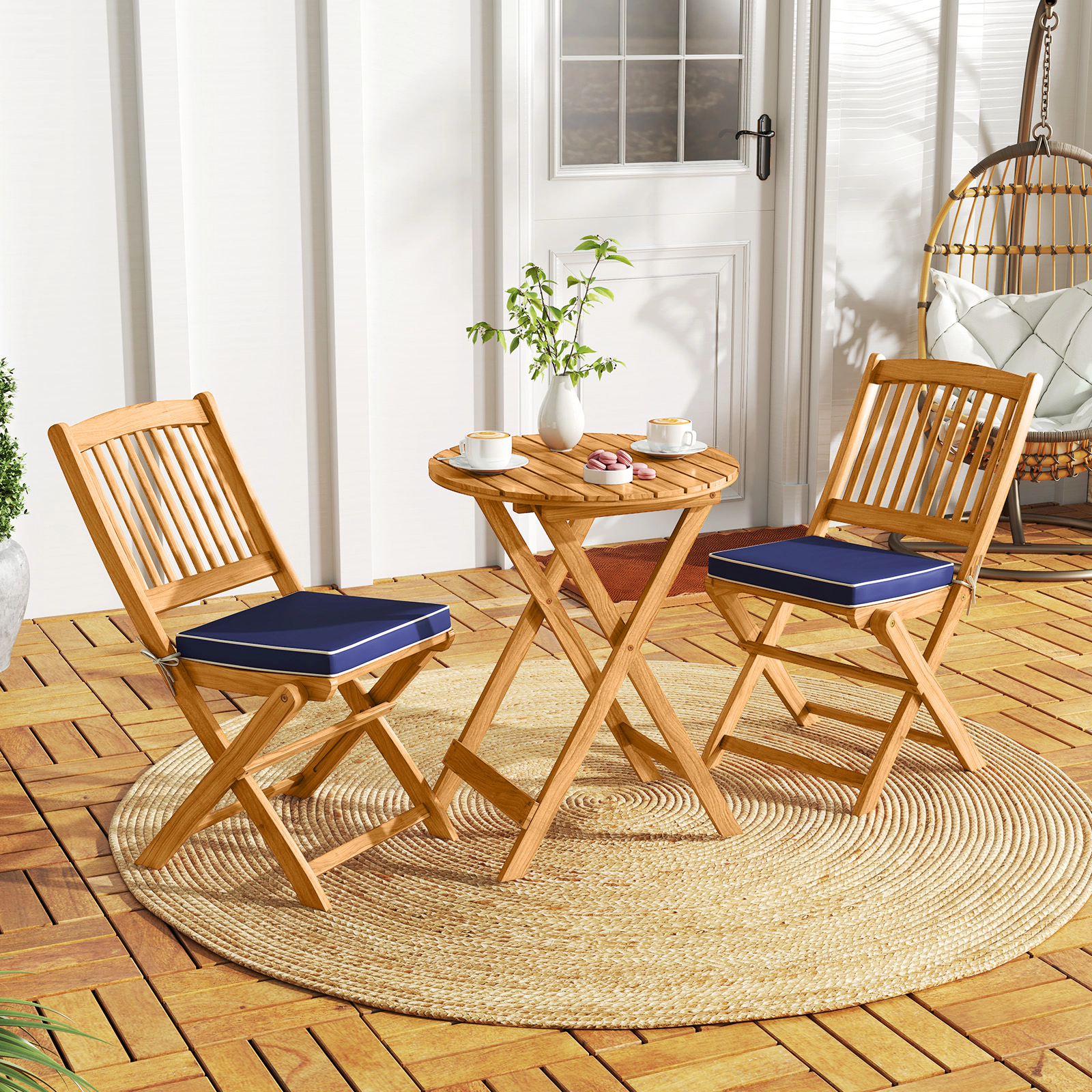 LJG 3 Pieces Acacia Wood Patio Folding Bistro Set with Soft Cushions