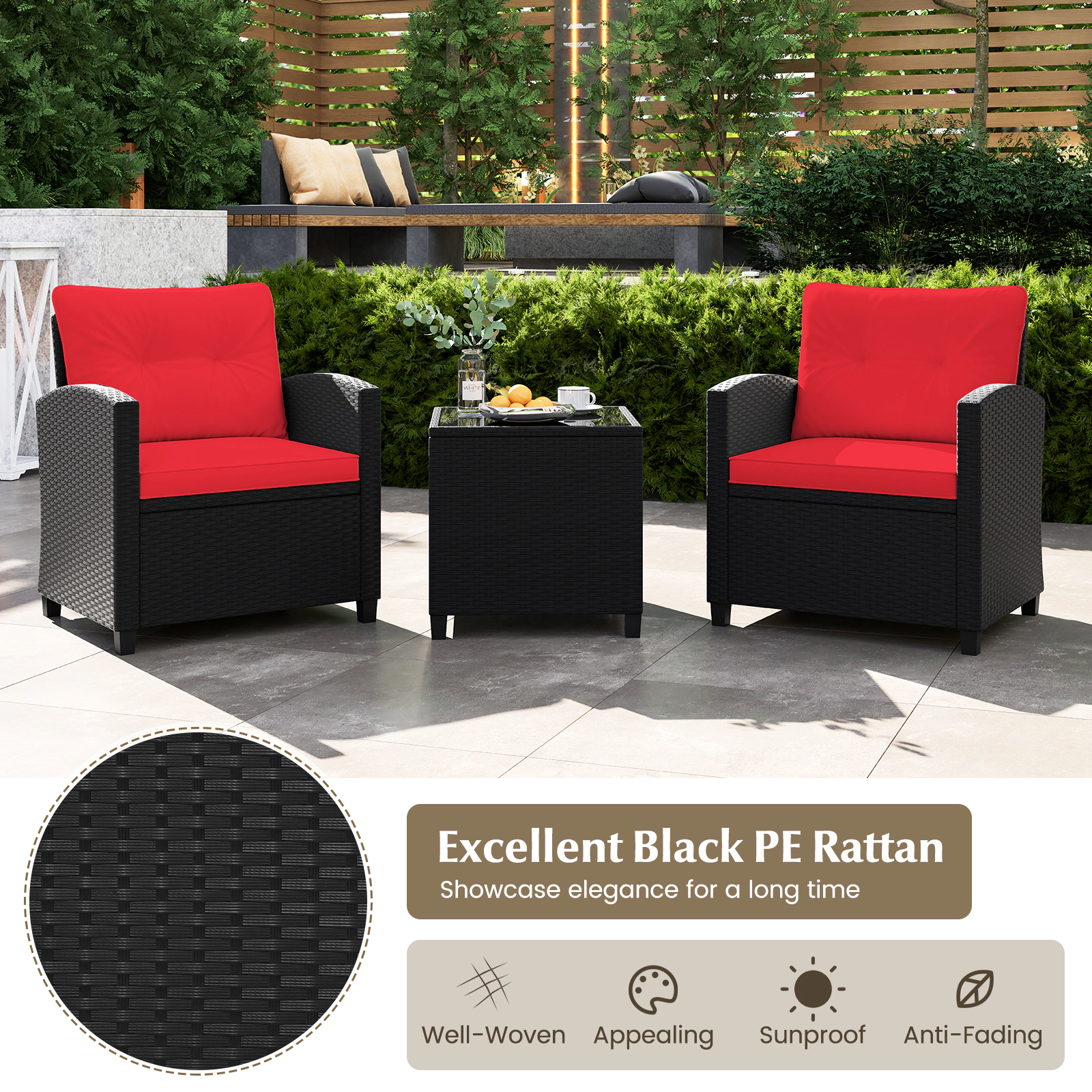 SUGIFT 3-Piece Black Rattan Patio Conversation Set with Cushioned Chairs and Glass Table