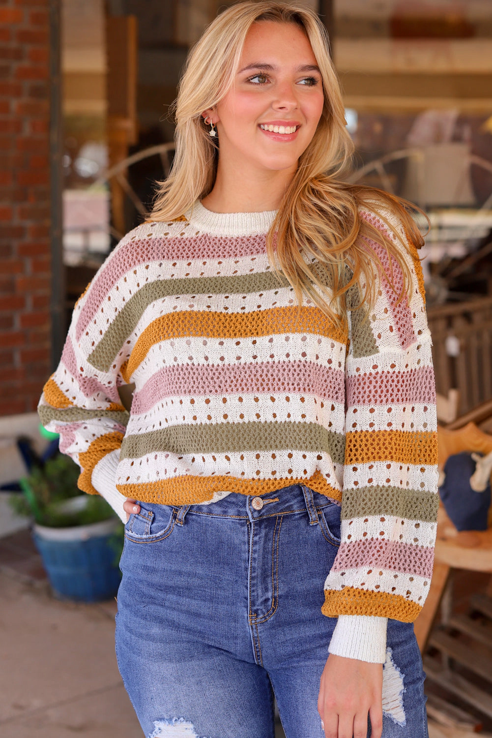 Threaded Pear Women's Caroline Striped Hollowed Knitted Loose Sweater