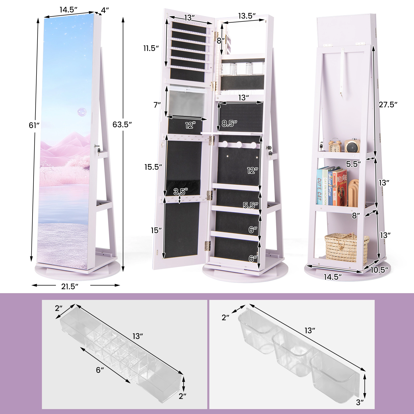 SUGIFT White 360-Degree Rotating Jewelry Armoire Standing Mirror with Folding Makeup Table and LED Modes