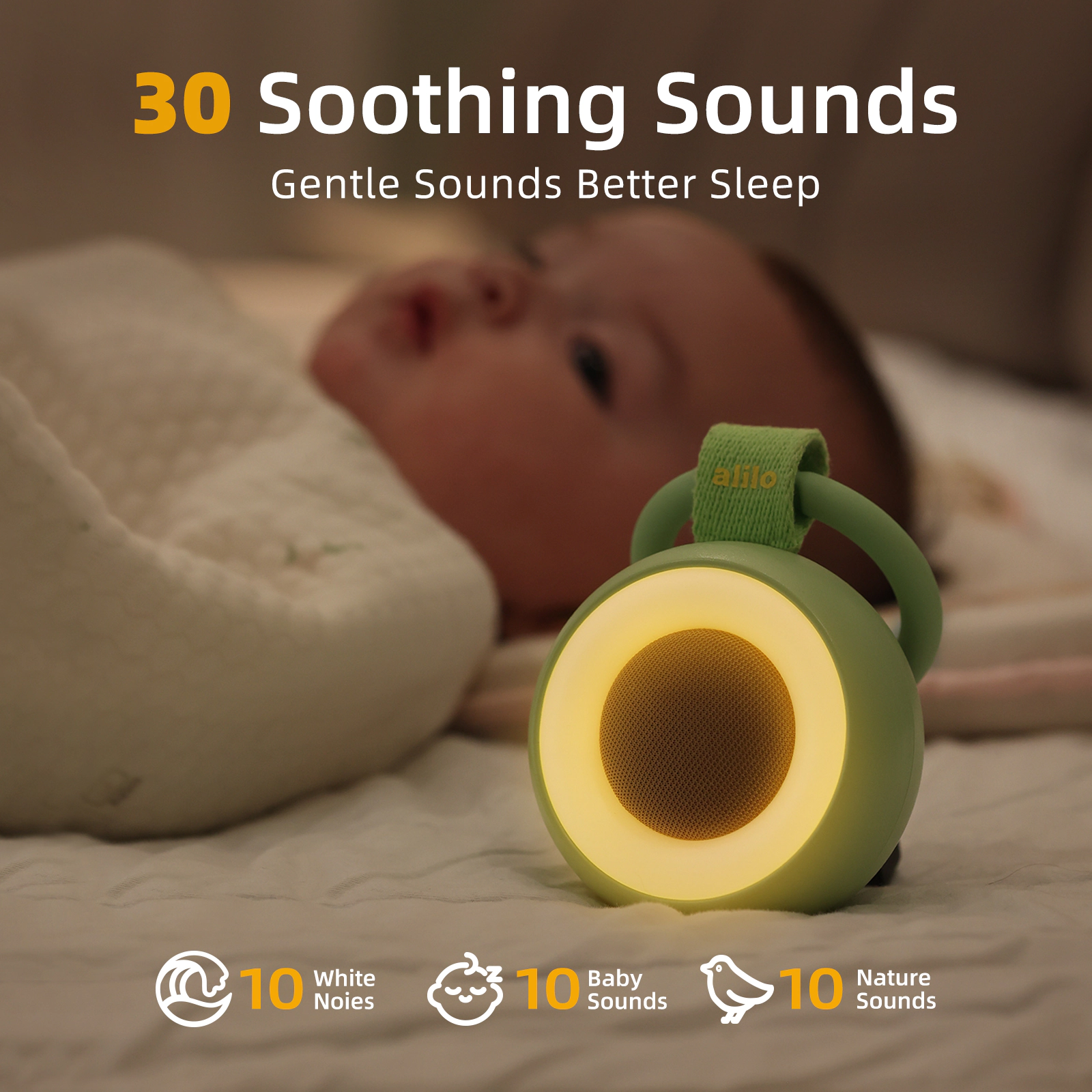 Alilo Pocket Soother Portable Baby Sound Machine with 30 Soothing Sounds, Nightlight & Sleep Timer