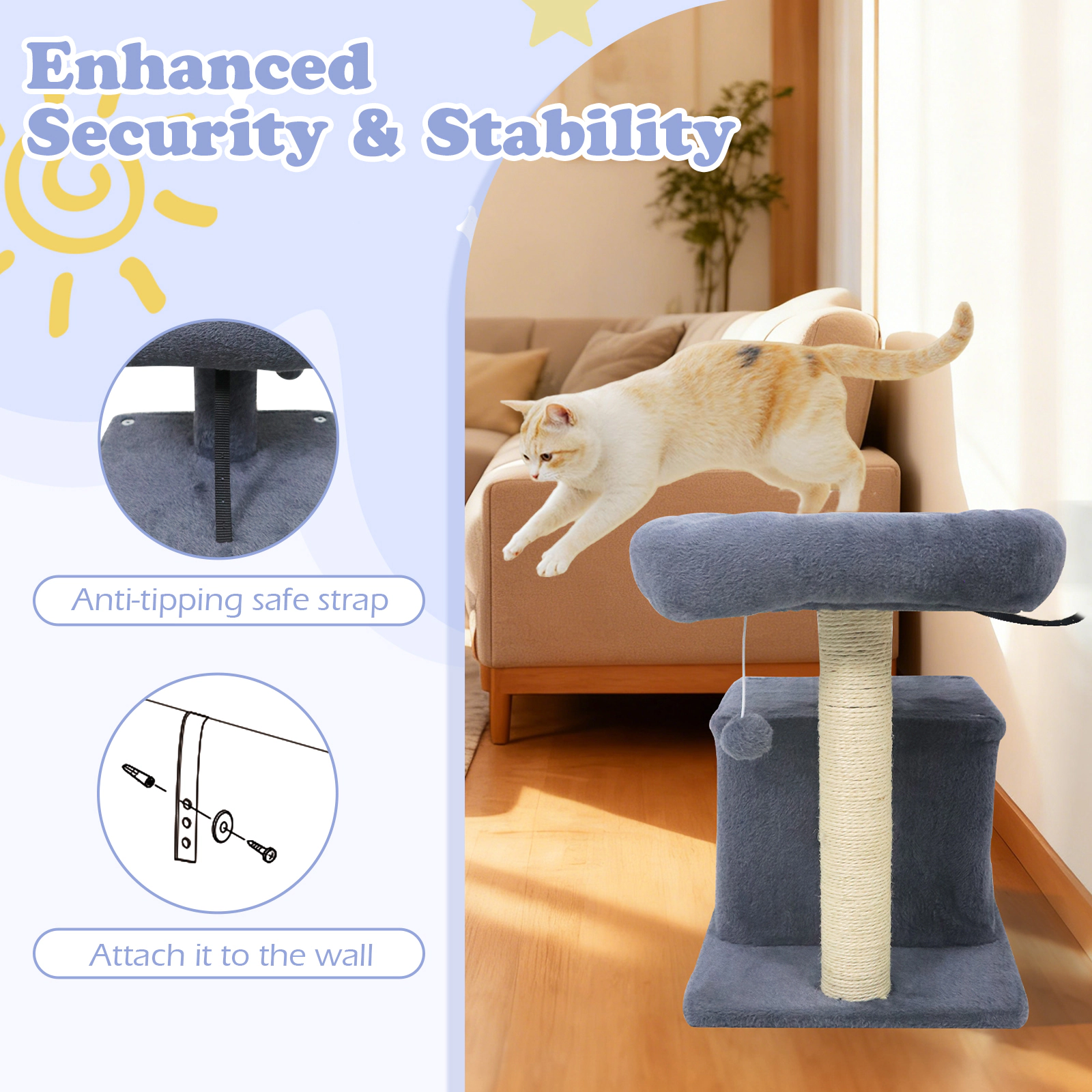 SUGIFT 19.5-in Dark Gray Small Cat Tree with Large Padded Plush Perch Condo Sisal Posts and Anti-Tip Strap