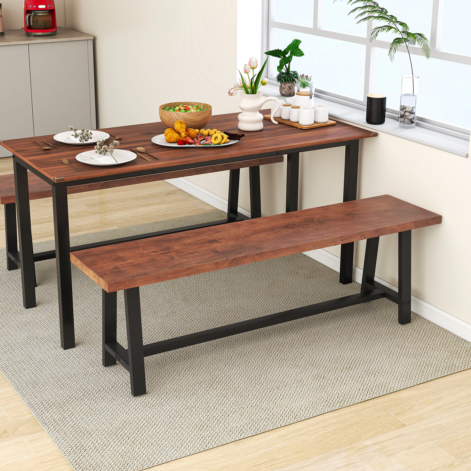 LJG 60 Inch Dining Bench 3 Person Entryway Shoe Bench with Metal Frame