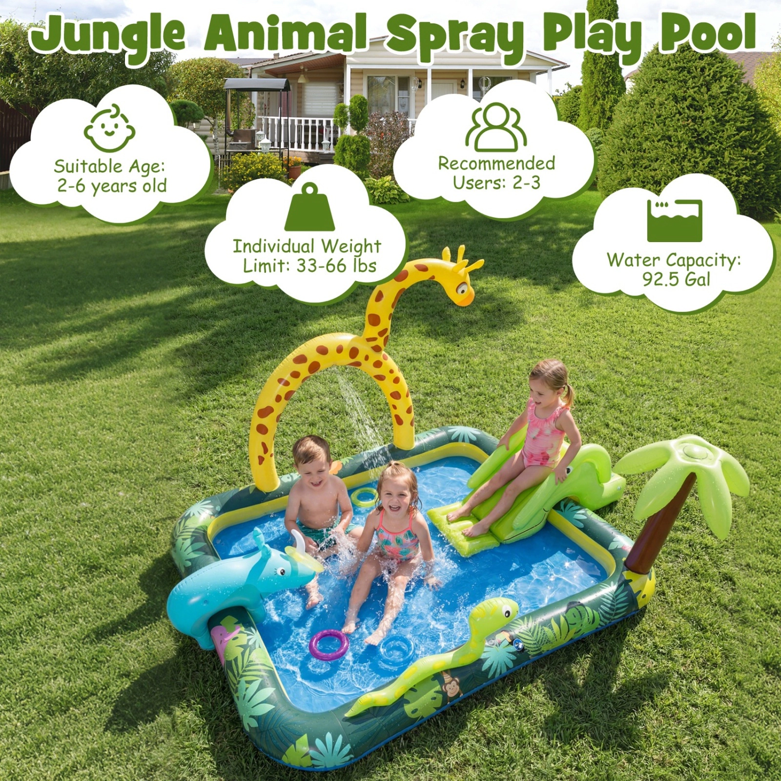 SUGIFT Giraffe Sprinkler and Ring Toss Game Kids Inflatable Jungle Spray Pool with Slide