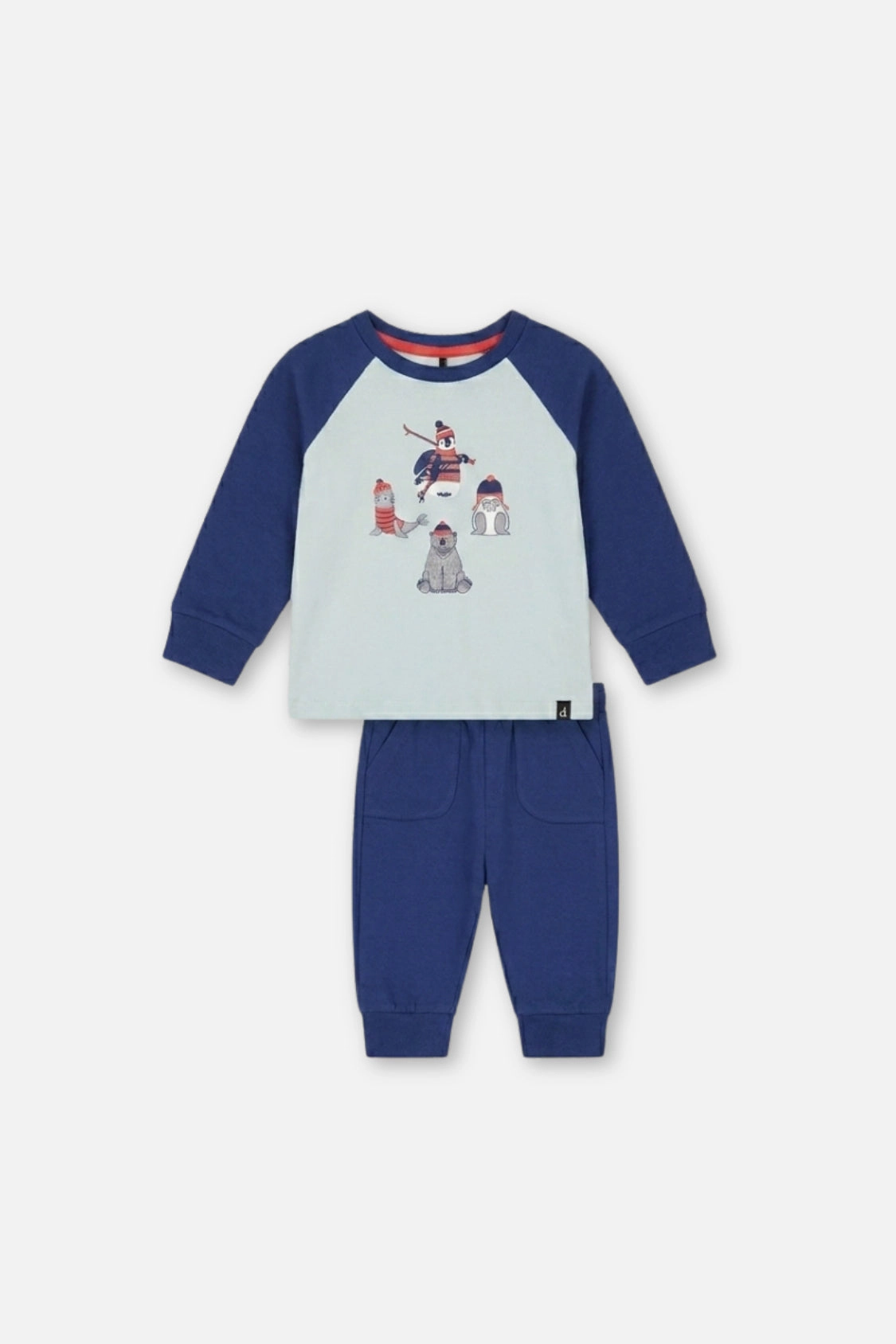 Deux par Boys Organic Cotton Raglan T-Shirt and Fleece Pants Set with Ski Animal Graphic