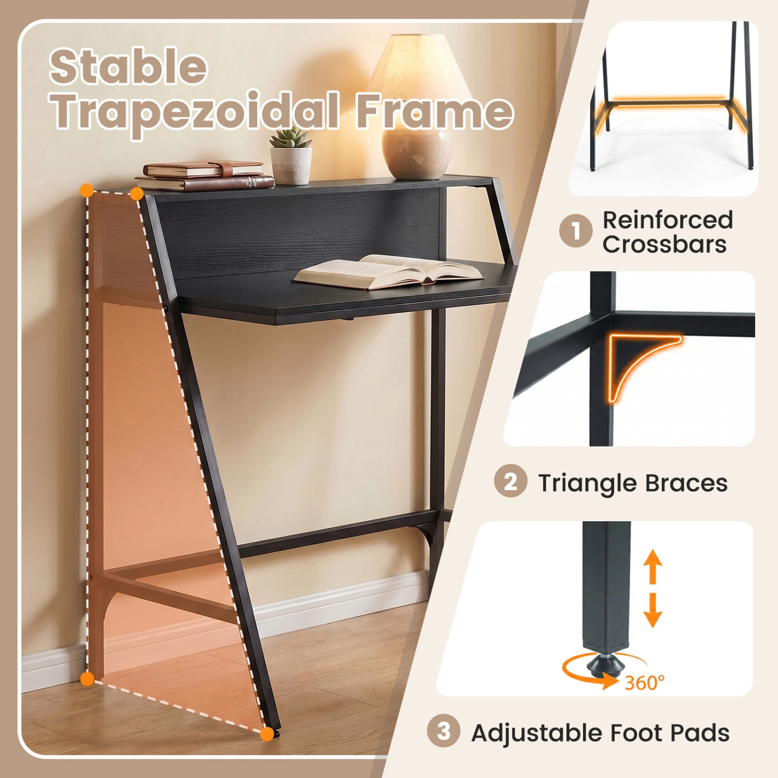 SUGIFT 31.5-in Industrial Writing Desk with Raised Shelf Metal Frame 220-Lb Capacity Rustic Brown/Black Small Desk