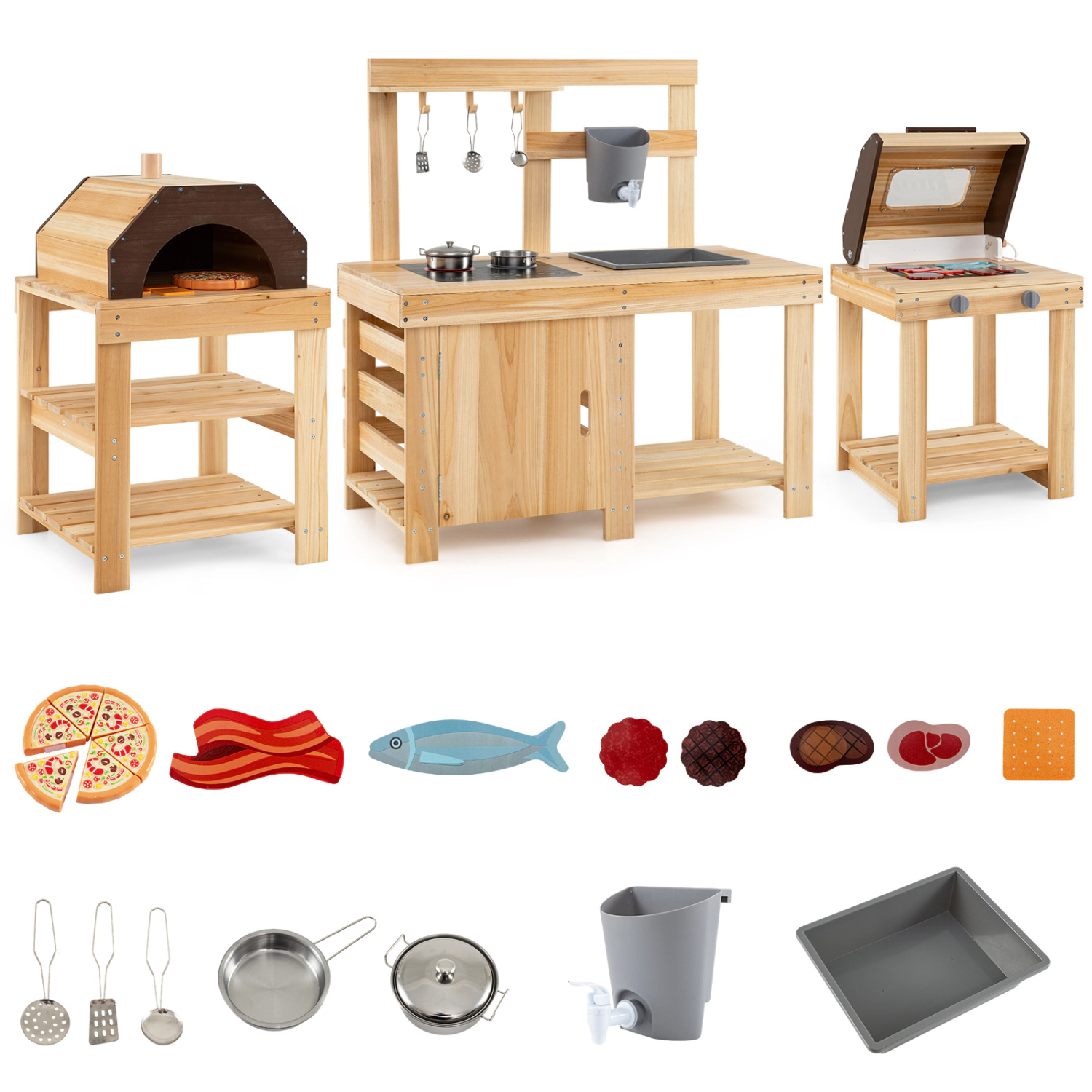 LJG Kids 3-Piece Outdoor Kitchen Set Mud Kitchen with Separate BBQ Grill and Pizza Oven