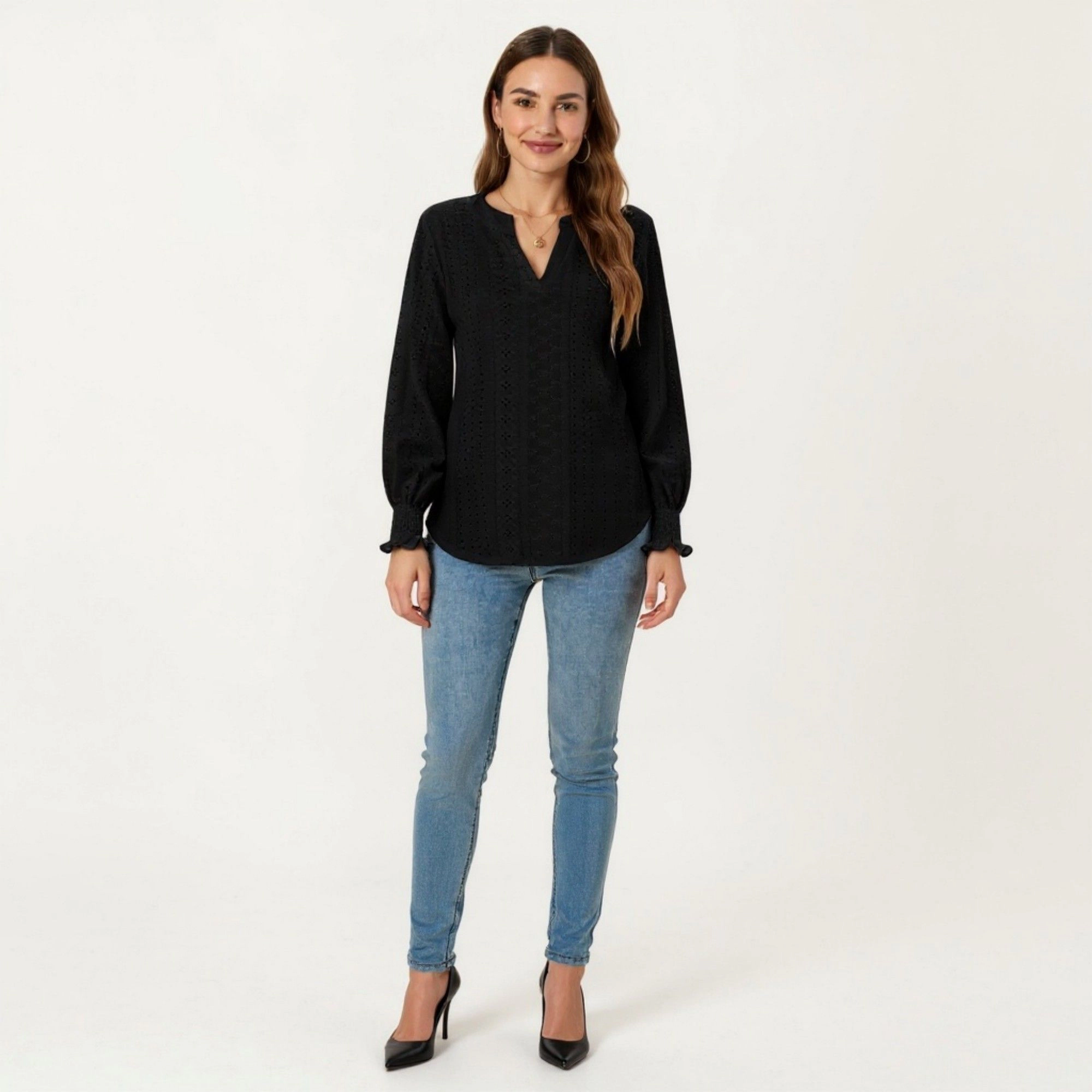 Anna-Kaci Women's Eyelet Embroidered V-Neck Ruffle Cuff Long Sleeve Top