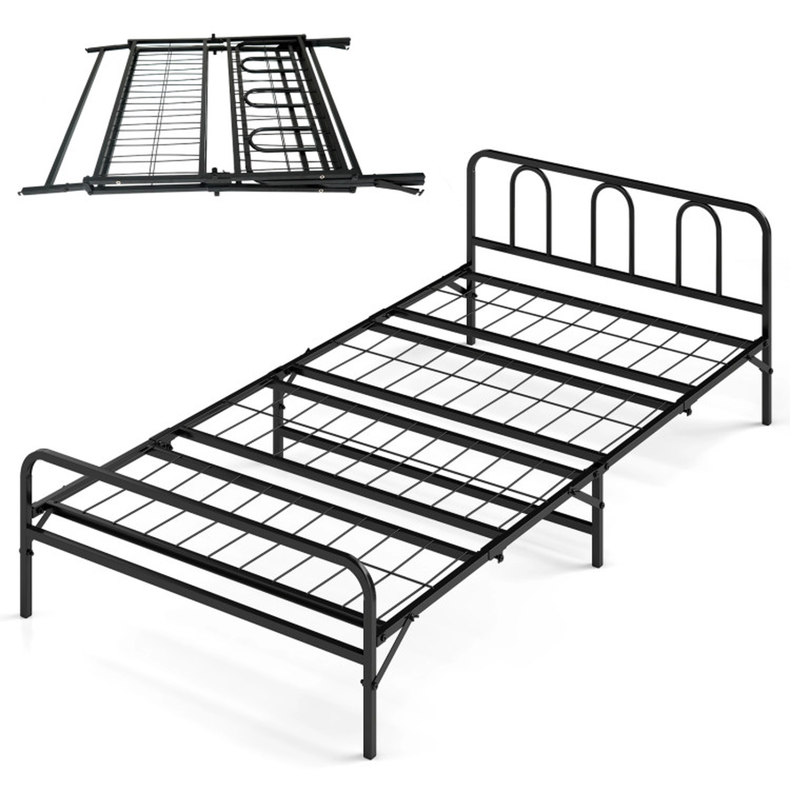 SUGIFT Twin Size Black Reinforced Metal Foldable Platform Bed Frame with Arched Headboard and Footboard