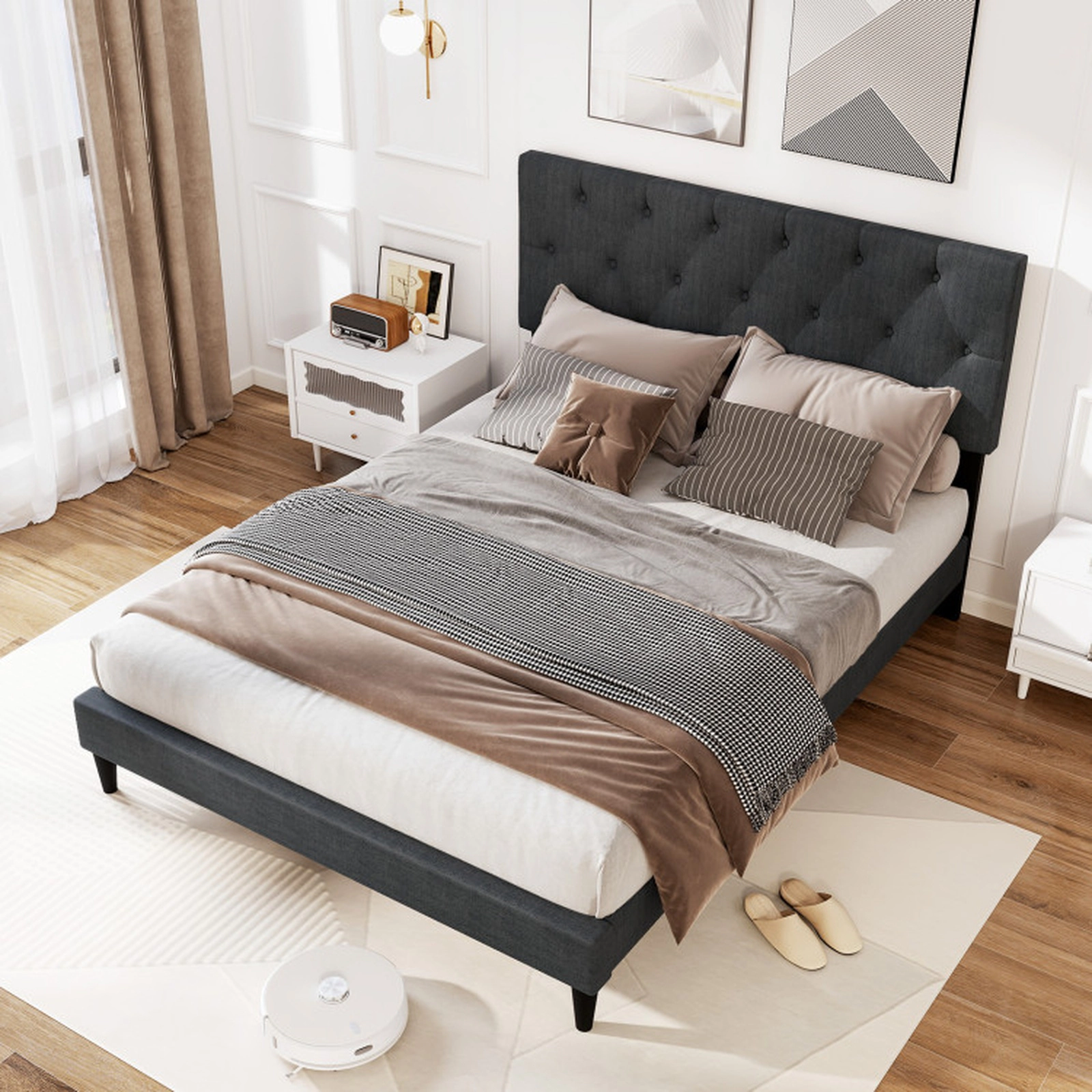 SUGIFT Upholstered Platform Bed with Tufted Headboard and Wooden Slats 800-lb Capacity Full Size Gray