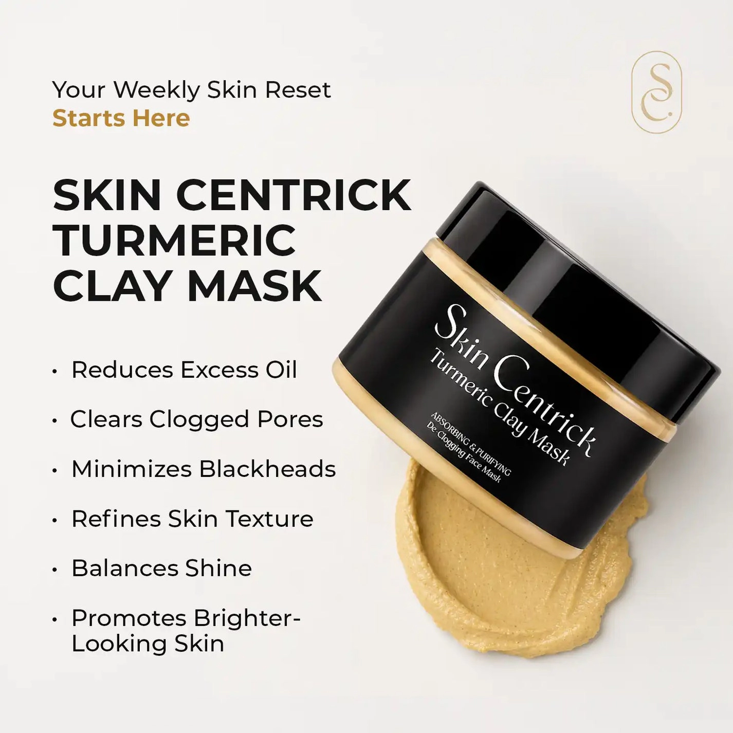 Skin Centrick Clay Face Mask - Turmeric, Bentonite & Vitamin C - Deep Cleansing for Oily & Combination Skin, 120 ml