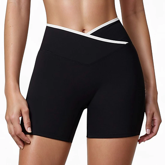 Anna-Kaci Women's High Waist Crossover Athletic Shorts with Stretch Fabric and Flattering V Front Waistband