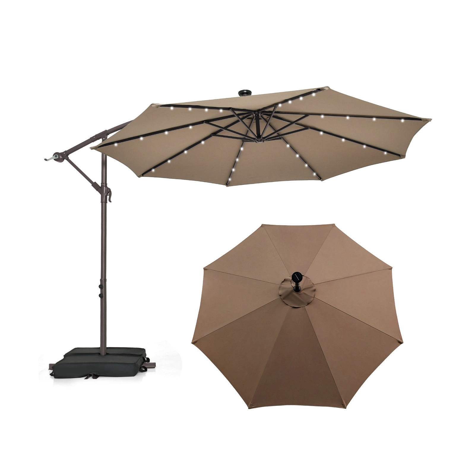 SUGIFT 10-ft Tan Solar LED Offset Cantilever Patio Umbrella with Crank Lift 90-Degree Tilt and Sand Base